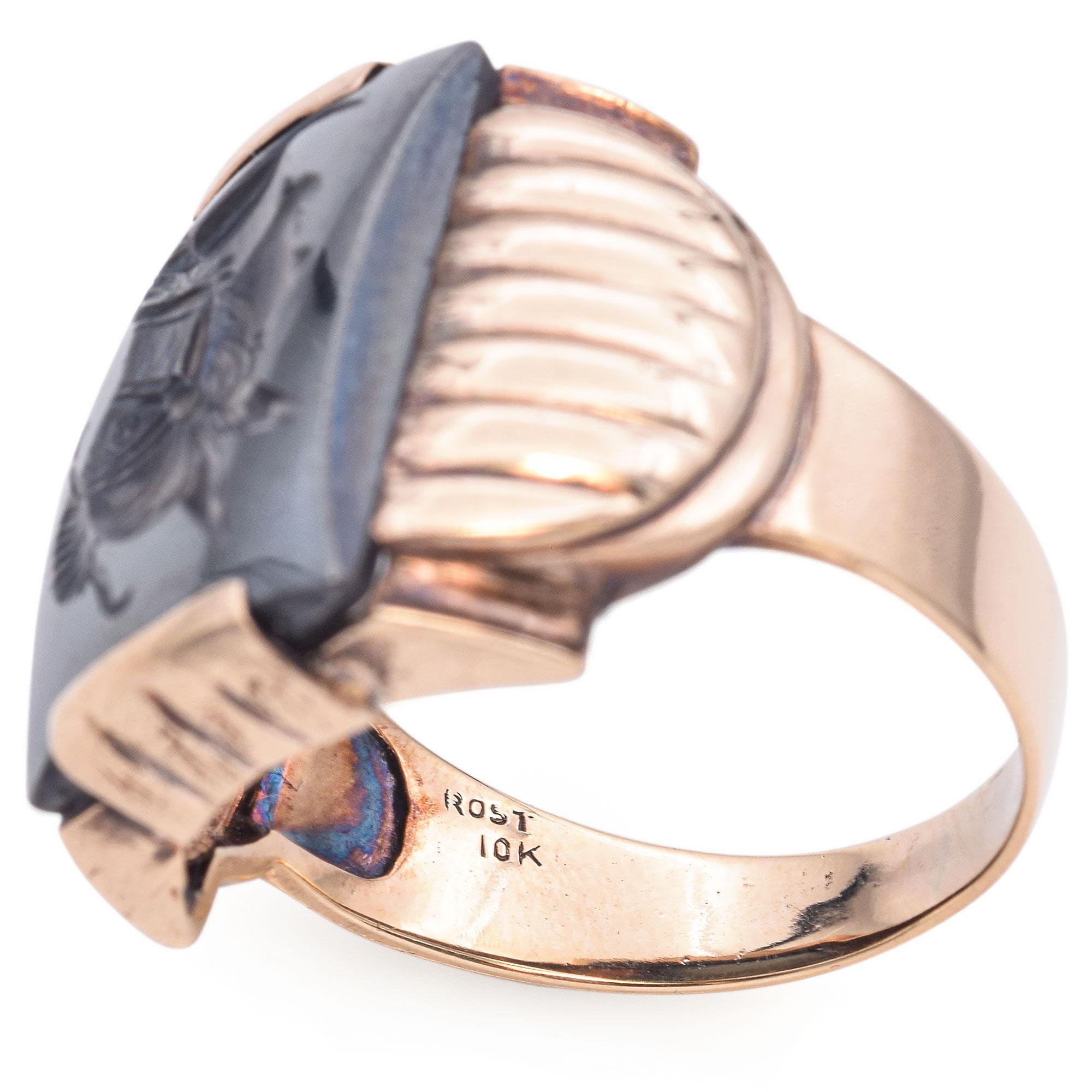 Vintage 10k Yellow Gold Hematite Intaglio Roman Soldier Ring For Sale 2