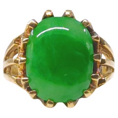 Bague vintage en or jaune 10 carats, jadéite naturelle vert pomme intense, taille 6