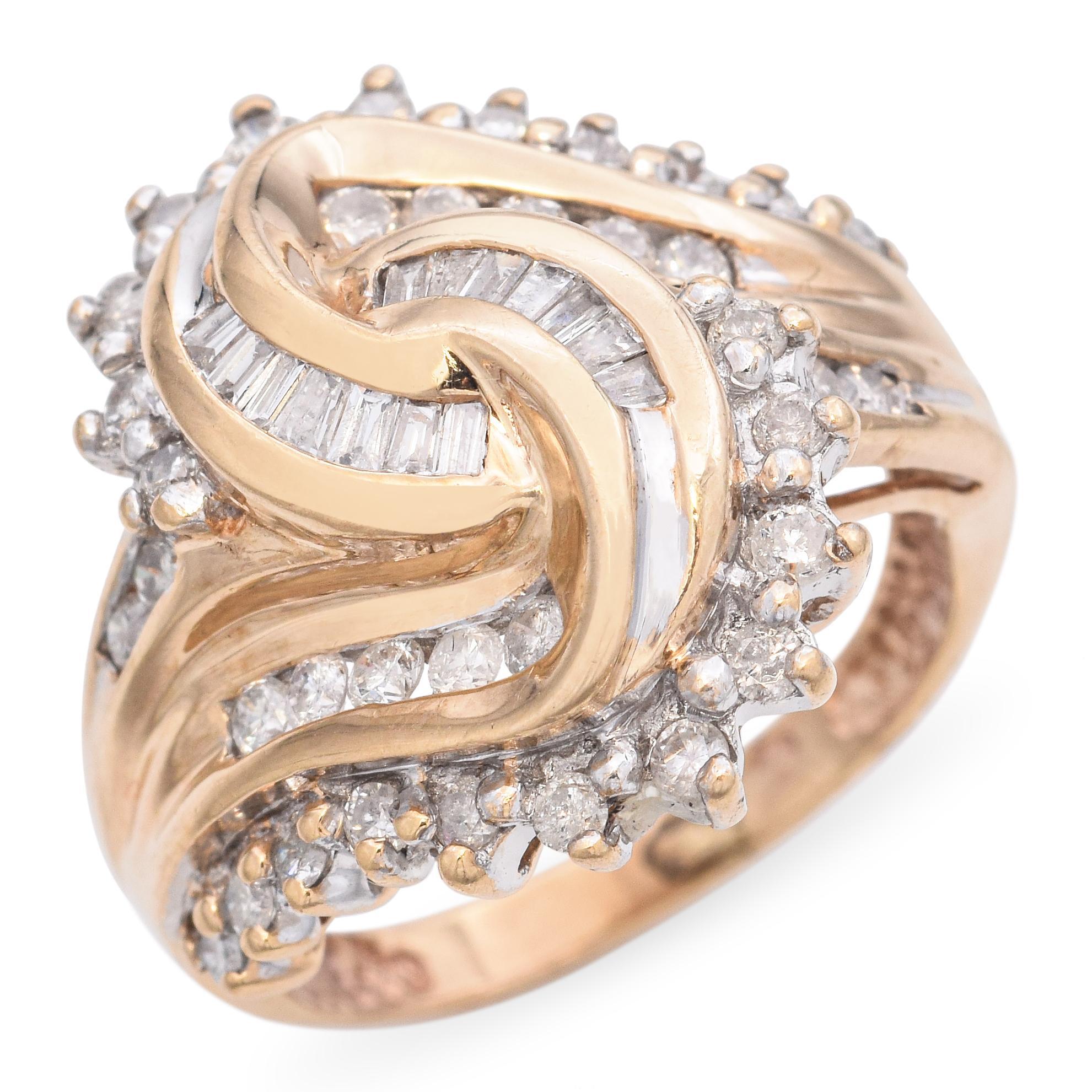 This striking ring showcases a dazzling array of mixed-cut white diamonds. The intricate design features a swirling pattern of 10k gold, gracefully embracing the sparkling stones. The diamonds are meticulously set to create a harmonious blend of