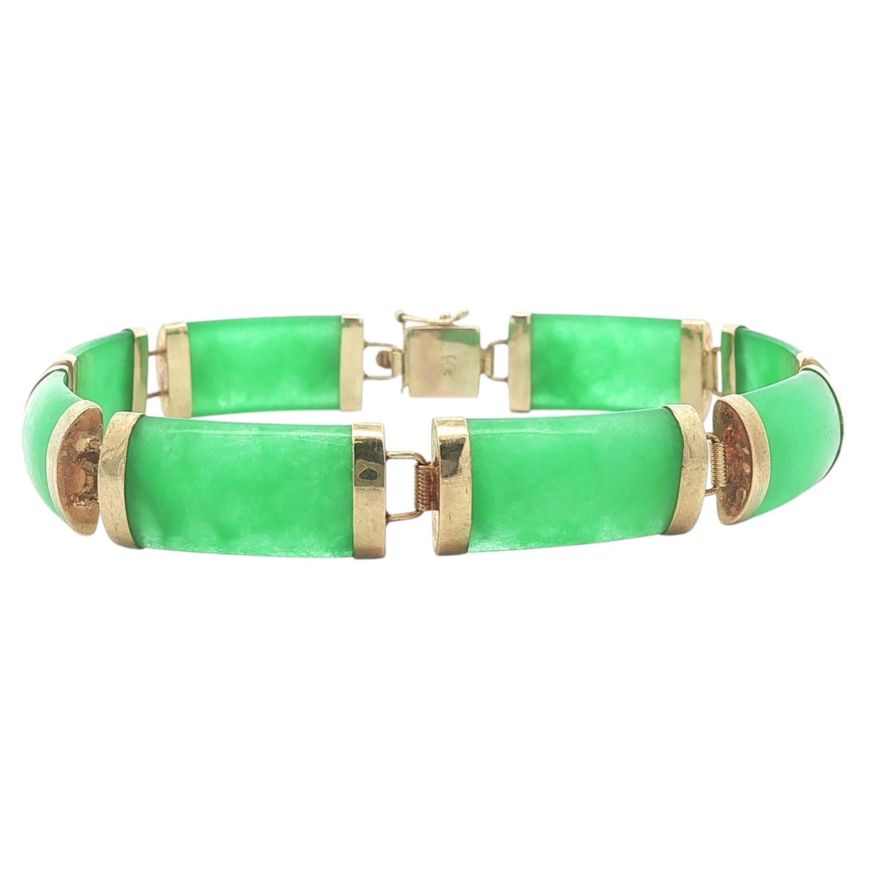Bracciale vintage a maglie in giada e oro giallo 10k con chiusura a simbolo cinese