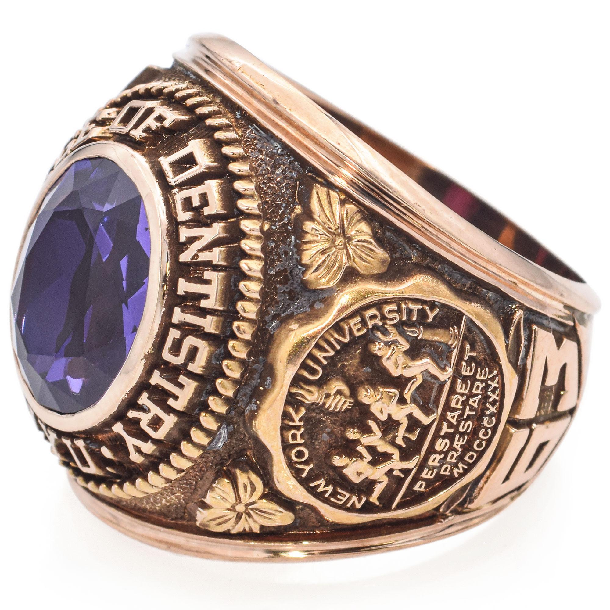 Women's or Men's Vintage 10K Yellow Gold Lab Sapphire NYU College of Dentistry Class of 1963 Ring For Sale