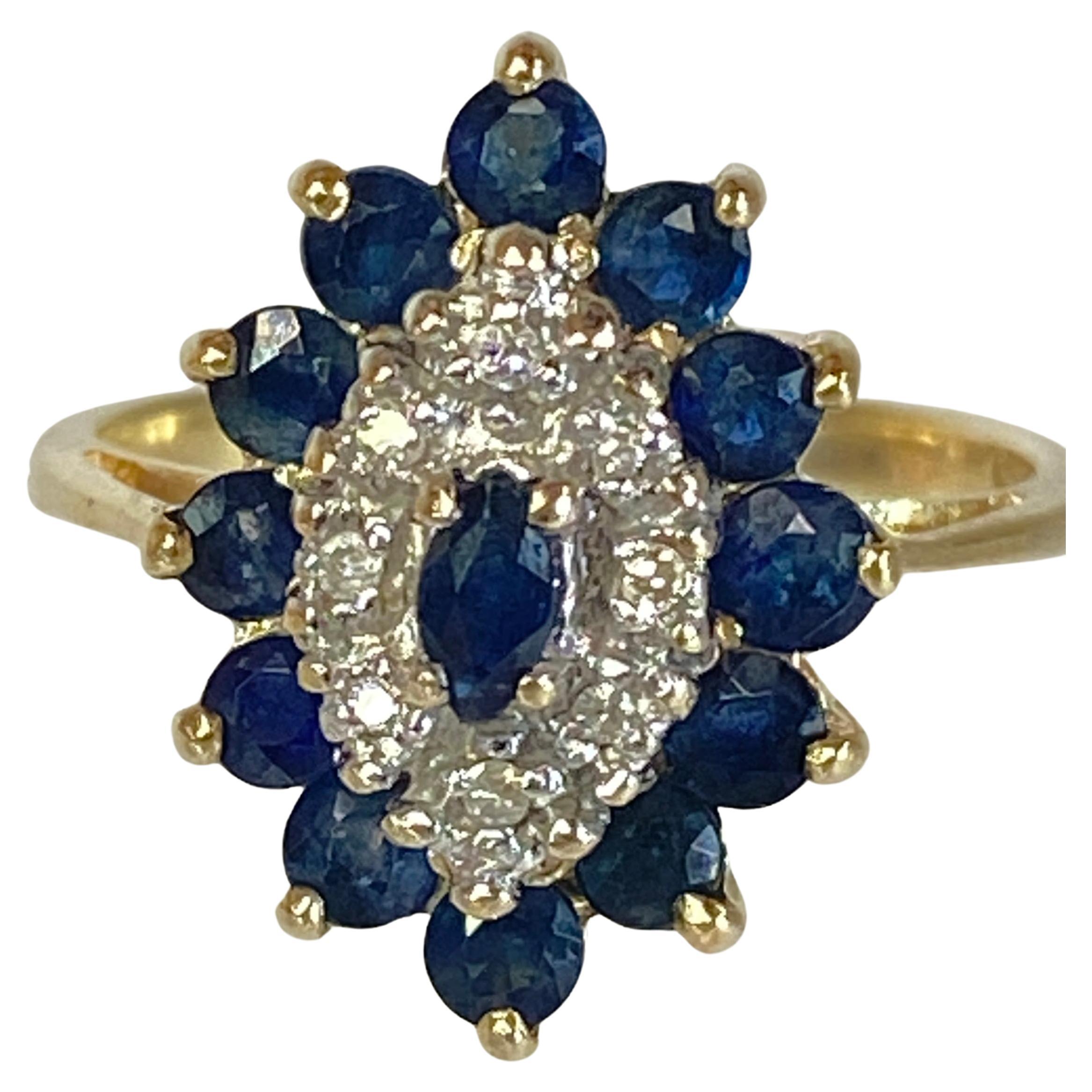 Vintage 10K Gelbgold London Blauer Topas Diamant-Cluster-Halo-Ring mit Marquise-Halo