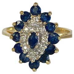 Retro 10K Yellow Gold London Blue Topaz Diamond Cluster Marquise Halo Ring