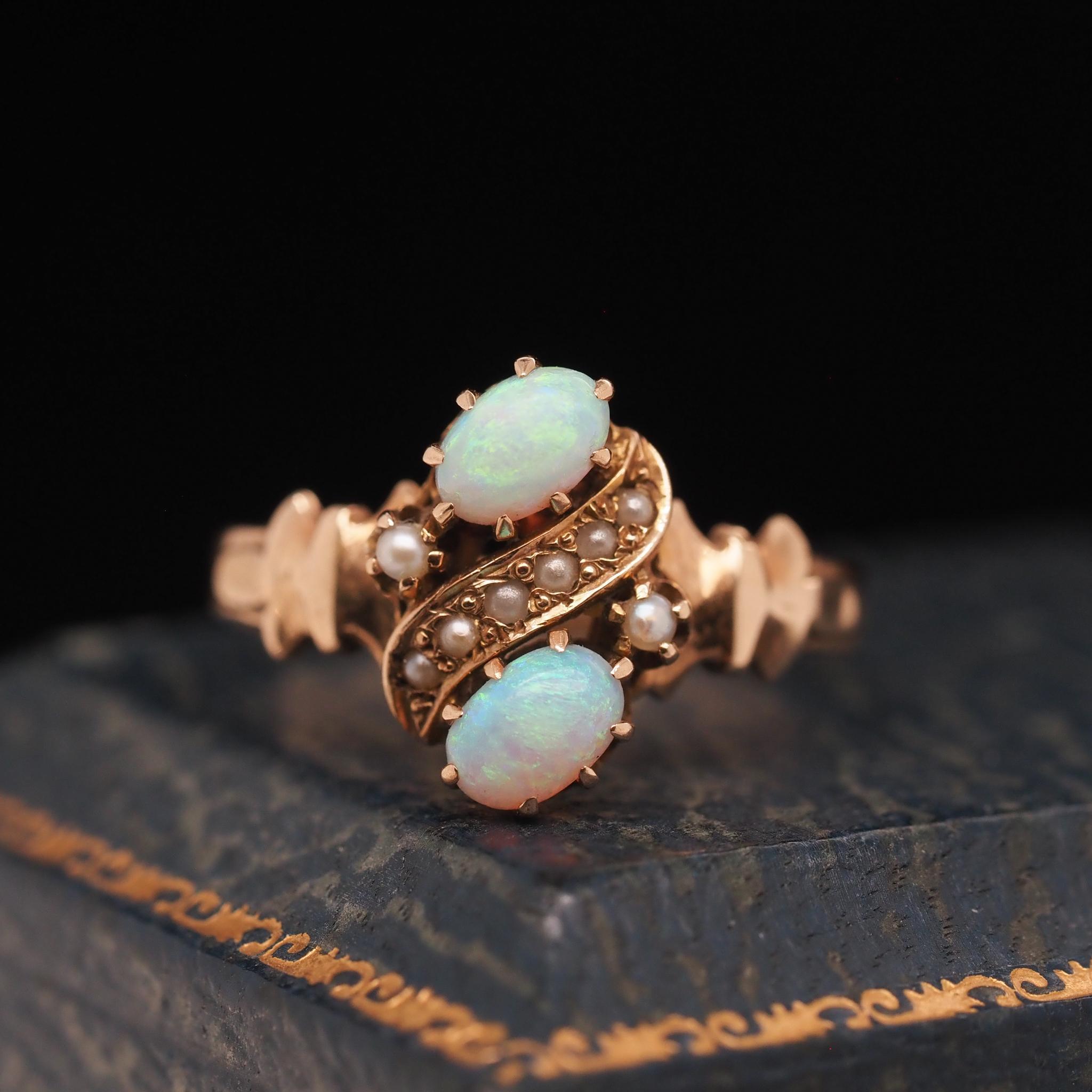 Vintage 10K Yellow Gold Opal and Pearl Cocktail Ring For Sale 5