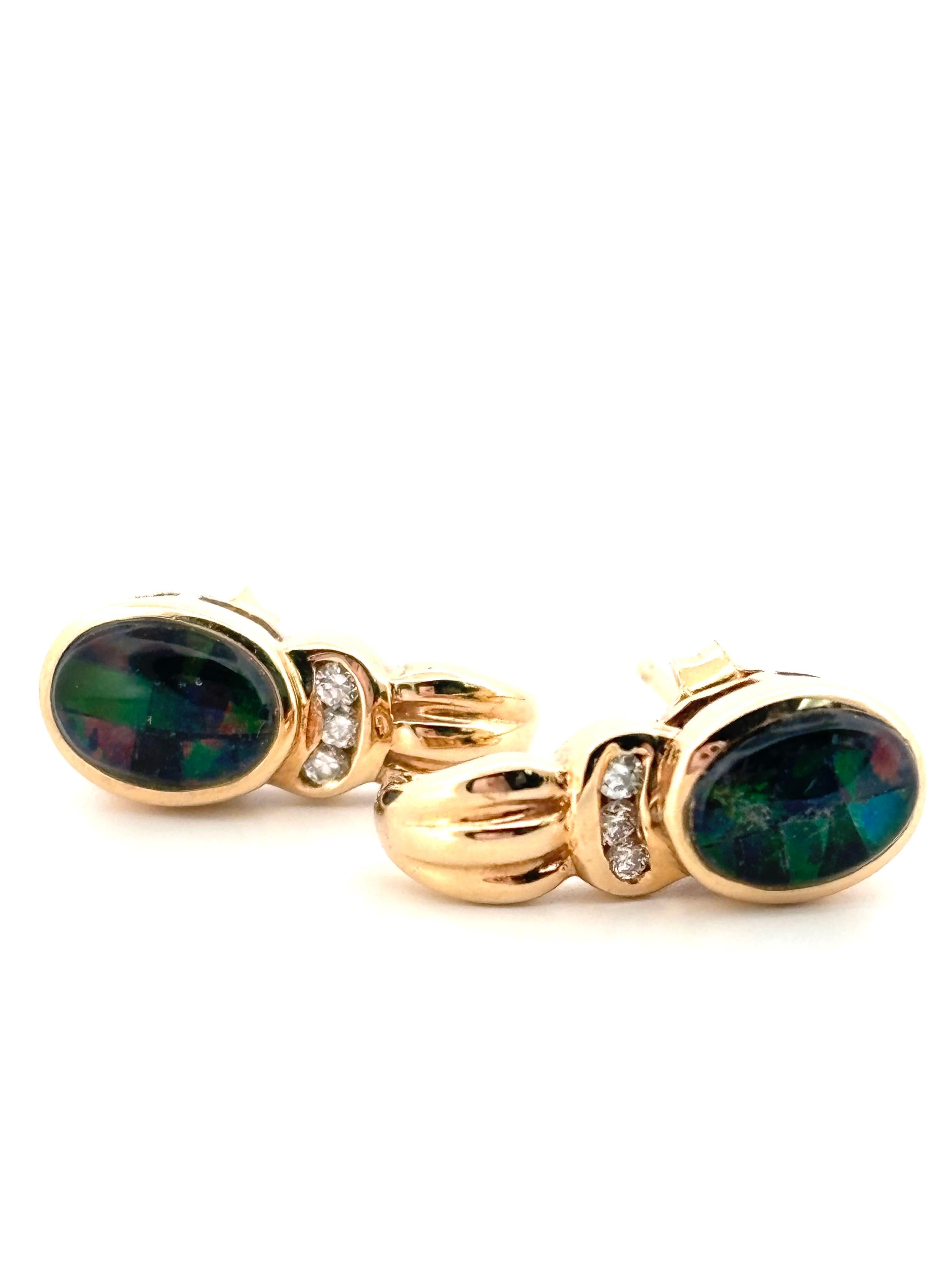 Retro Vintage 10K Yellow Gold Oval Cut Black Opal & 0.03CTW Round Diamond Earrings For Sale
