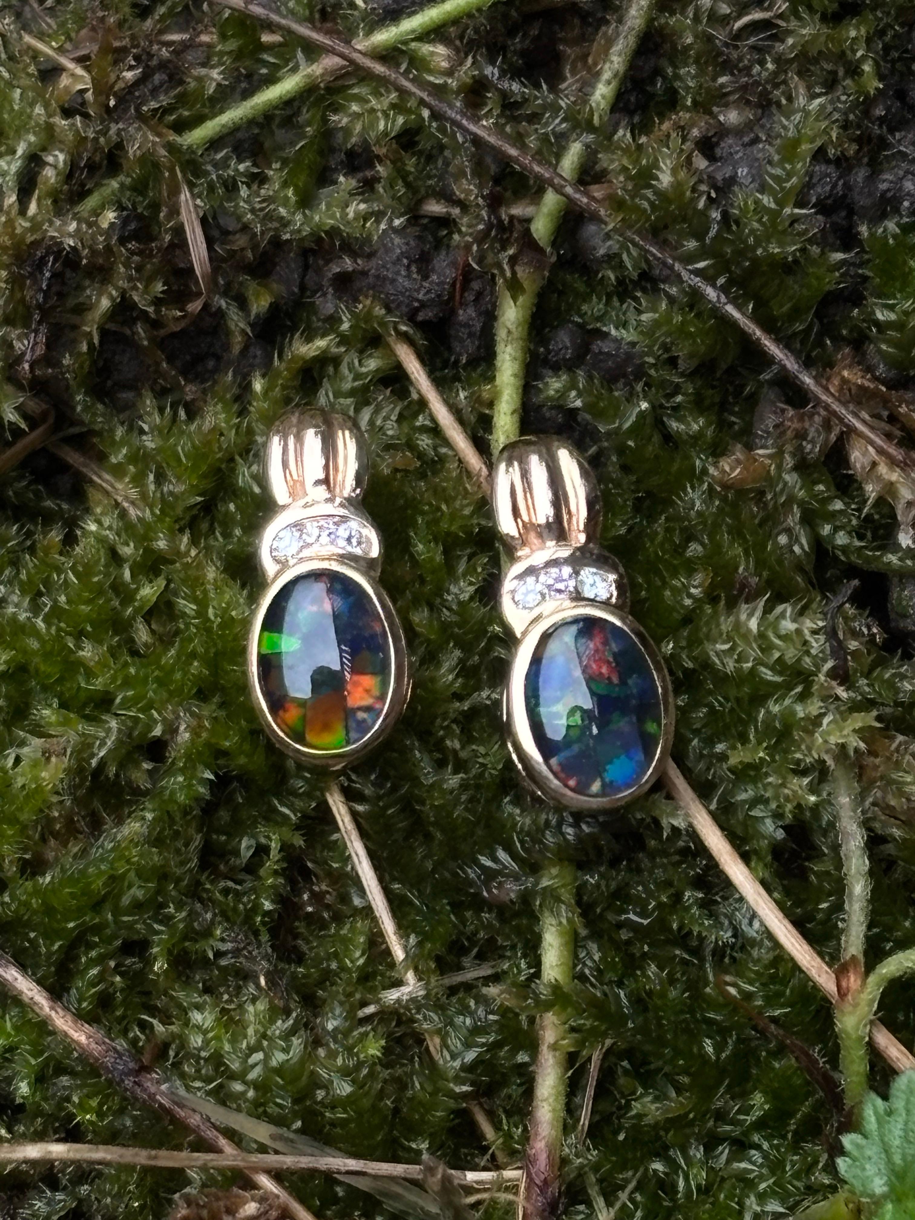 Round Cut Vintage 10K Yellow Gold Oval Cut Black Opal & 0.03CTW Round Diamond Earrings For Sale