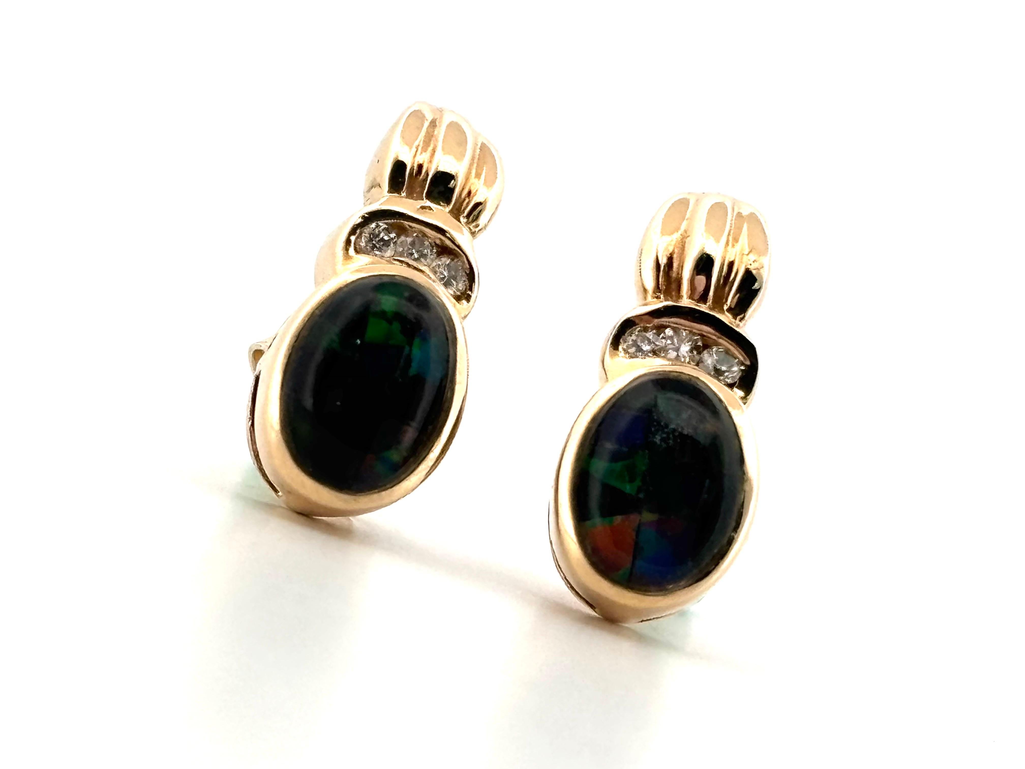 Women's or Men's Vintage 10K Yellow Gold Oval Cut Black Opal & 0.03CTW Round Diamond Earrings For Sale