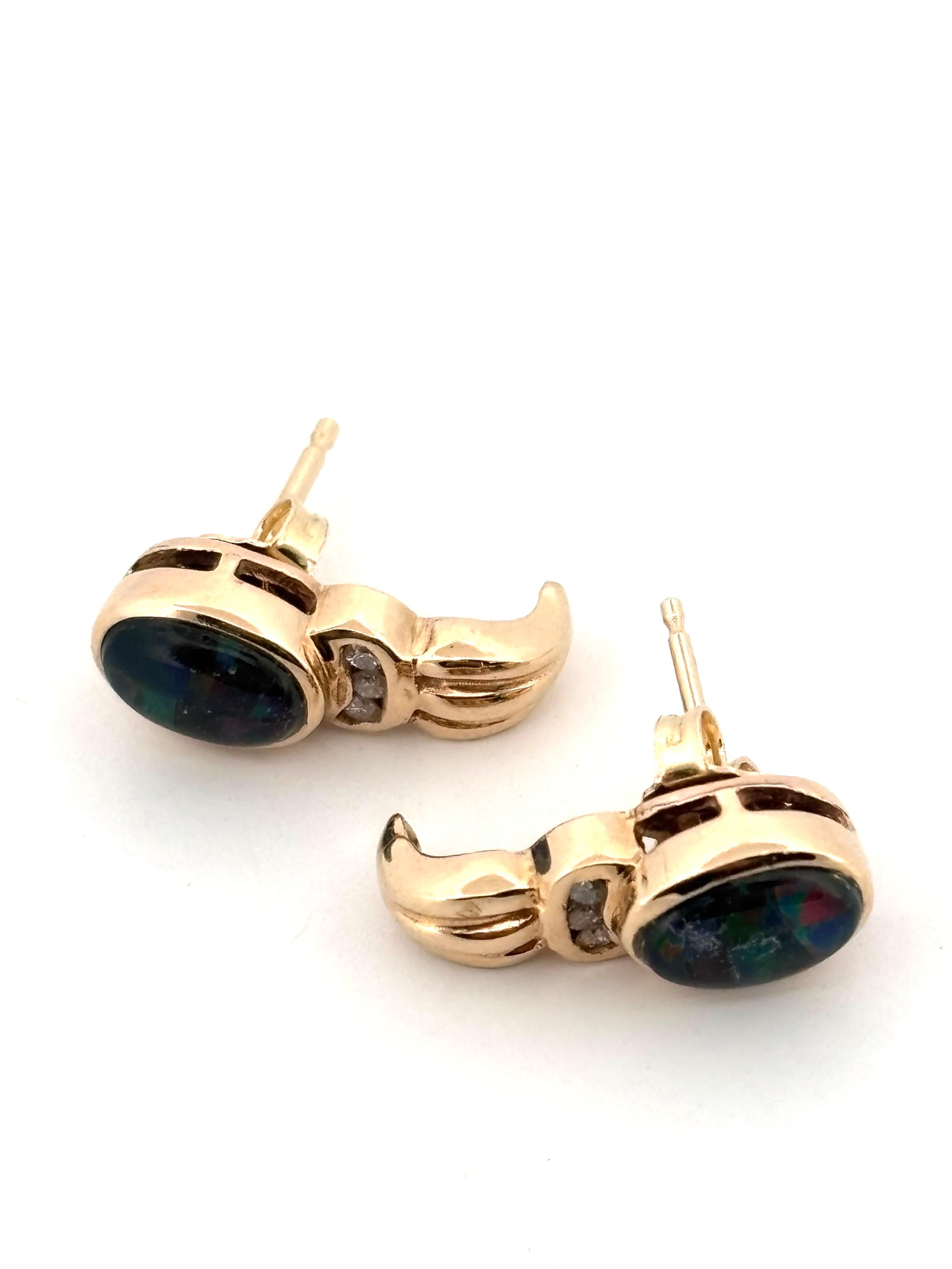 Vintage 10K Yellow Gold Oval Cut Black Opal & 0.03CTW Round Diamond Earrings For Sale 1