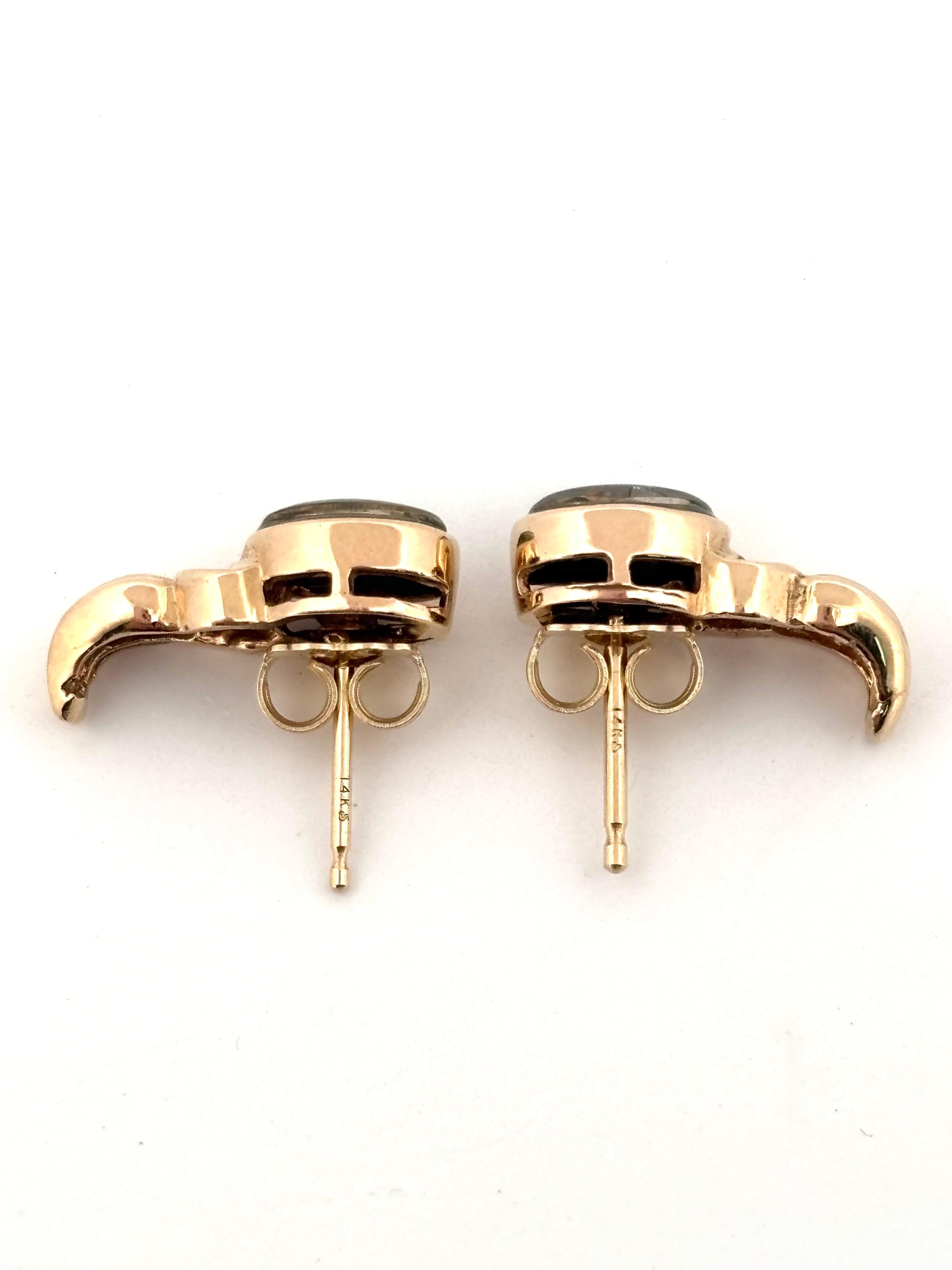 Vintage 10K Yellow Gold Oval Cut Black Opal & 0.03CTW Round Diamond Earrings For Sale 3