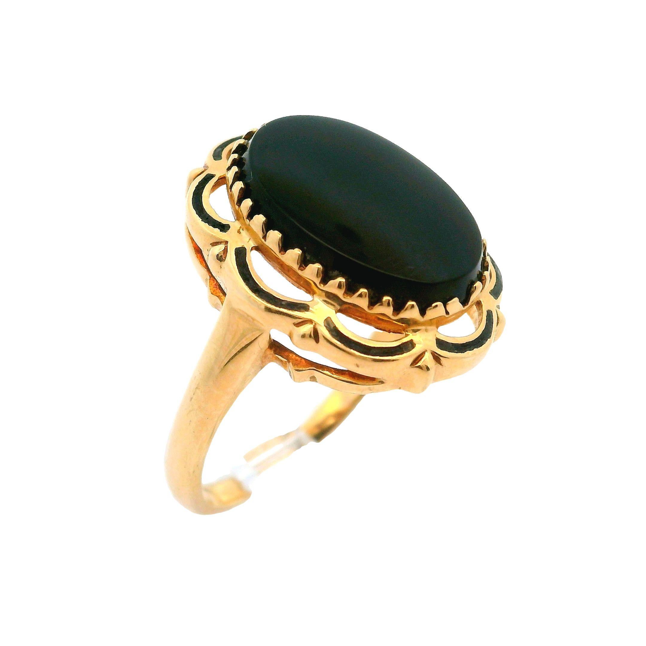 Vintage 10k Yellow Gold Oval Onyx W/ Scalloped Black Enamel Frame Cocktail Ring 1