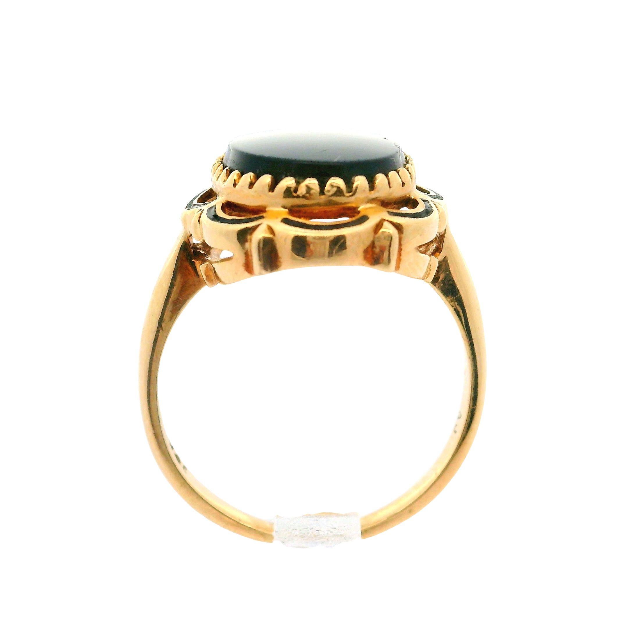 Vintage 10k Yellow Gold Oval Onyx W/ Scalloped Black Enamel Frame Cocktail Ring 2
