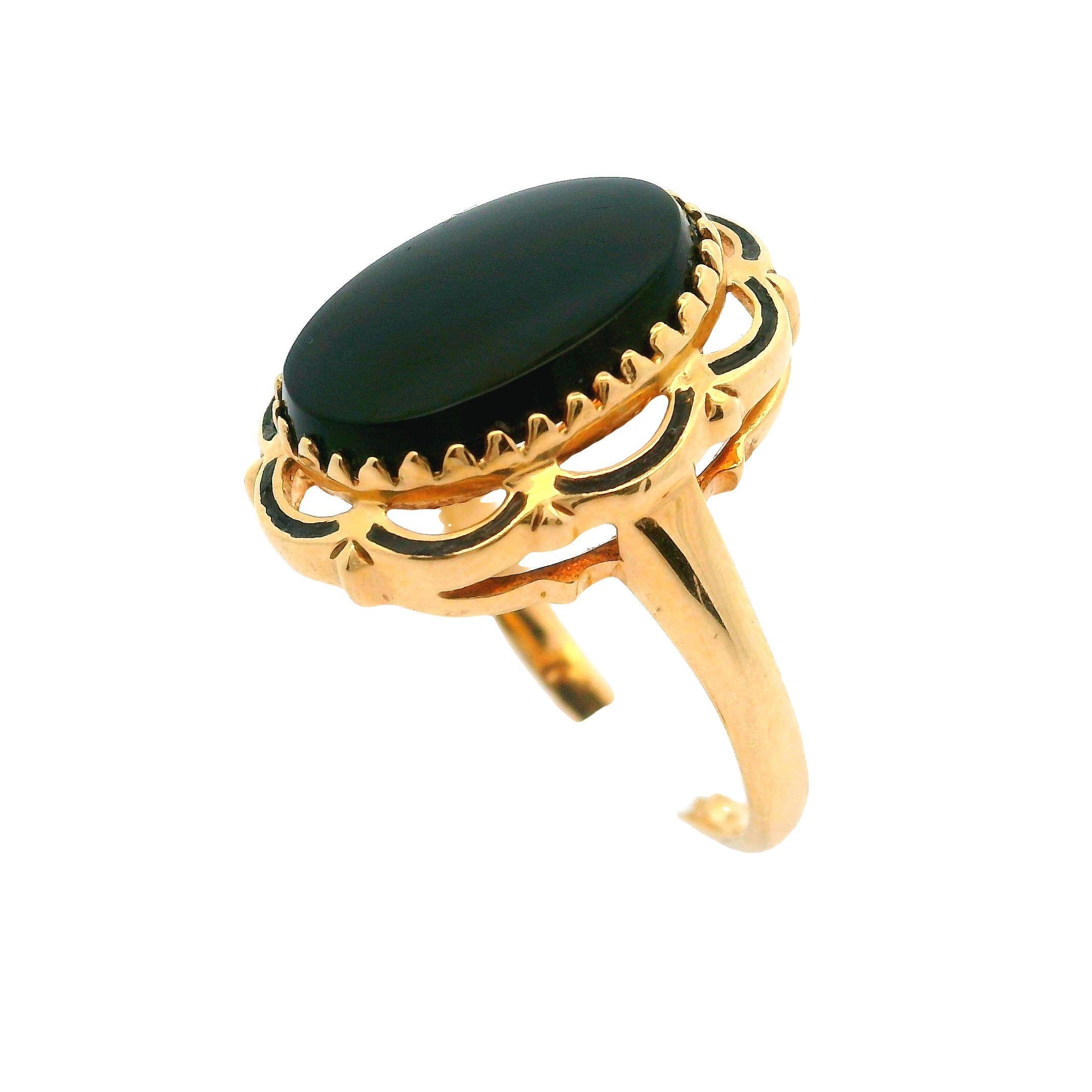 Vintage 10k Yellow Gold Oval Onyx W/ Scalloped Black Enamel Frame Cocktail Ring 3