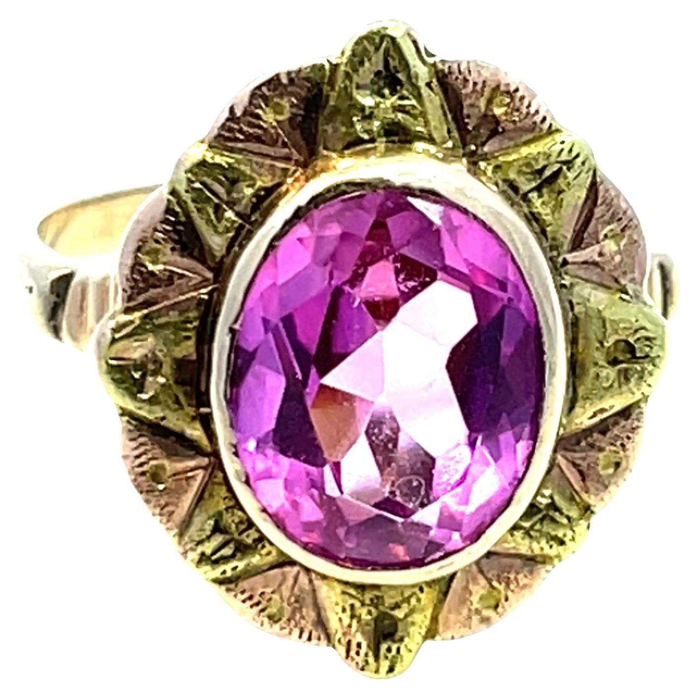 Vintage 10k Yellow Gold Oval Pink Gem Ring For Sale