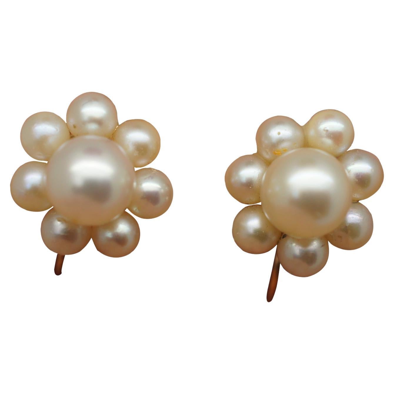 Vintage 10K Yellow Gold Pearl Cluster Flower Screw Back Earrings