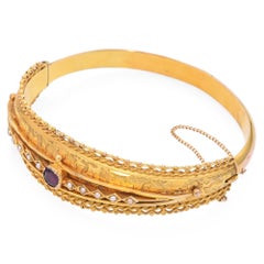 Vintage 10k Yellow Gold Rhodolite Garnet and Pearl Hinged Bangle Bracelet