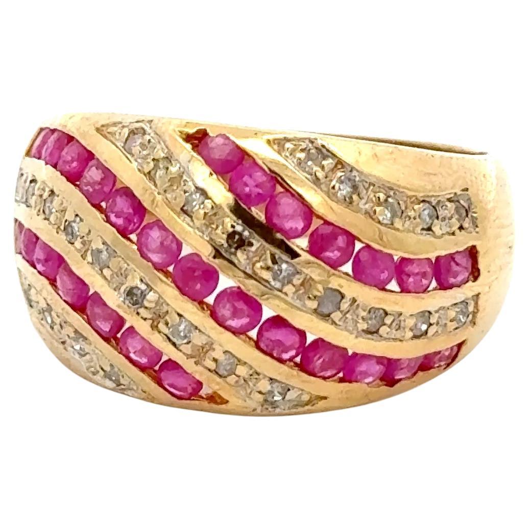 Vintage 10K Yellow Gold Ruby and Diamond Wave Band Ring