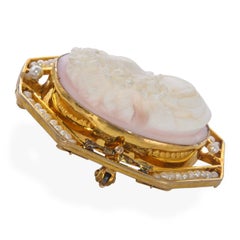 Vintage 10k Yellow Gold Seed Pearl and Woman Profile Coral Cameo Brooch
