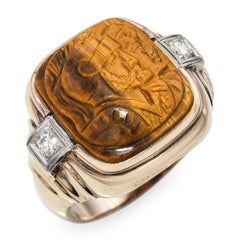 Vintage 10k Yellow Gold Tigers Eye Cameo and Diamond Ring