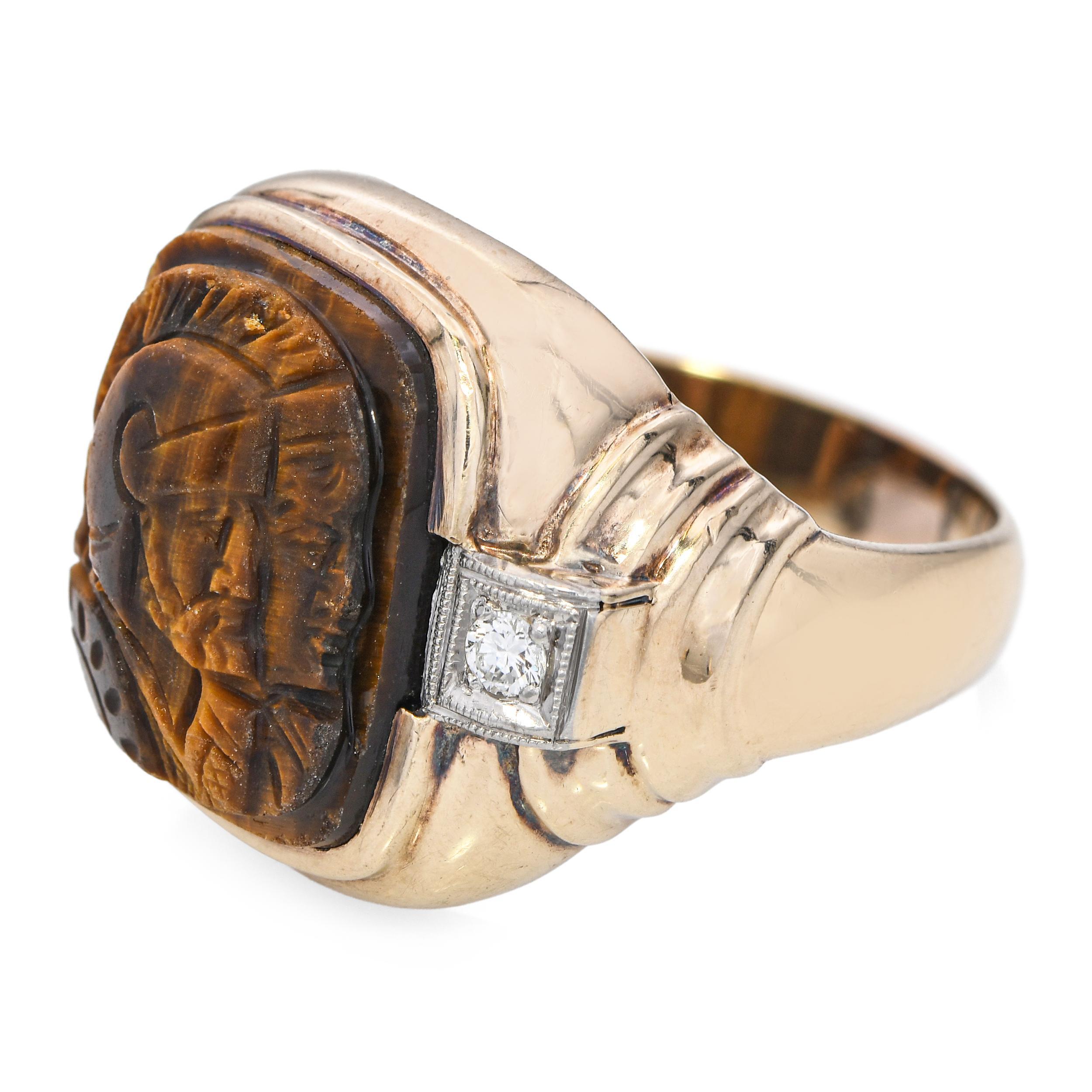 Vintage 10k Gelbgold Tigerauge Kamee und Diamant Ring im Zustand „Gut“ im Angebot in New York, NY