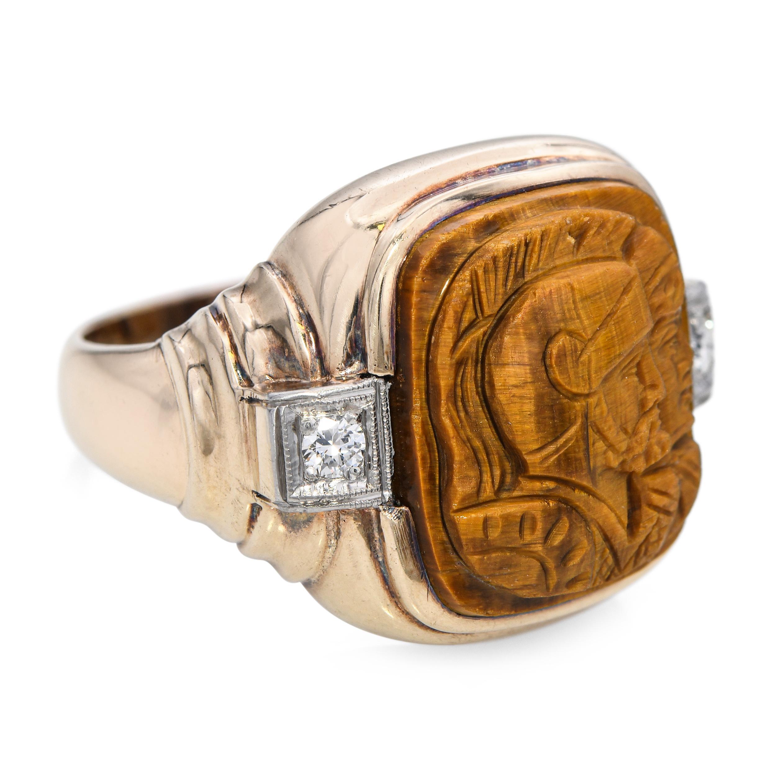 Vintage 10k Gelbgold Tigerauge Kamee und Diamant Ring im Angebot 1