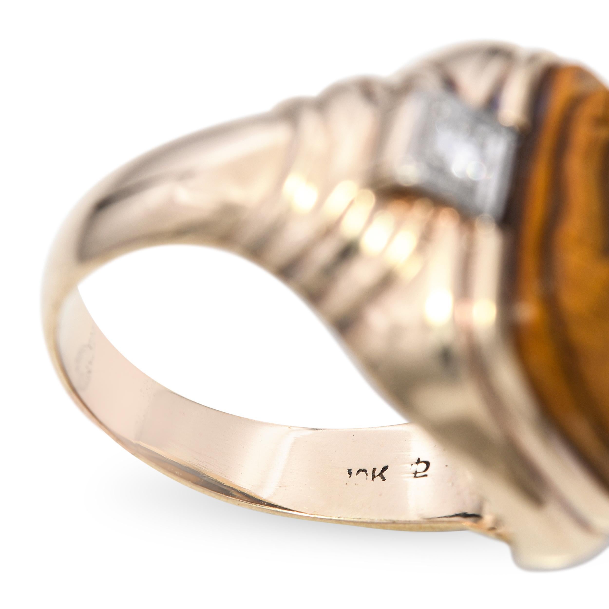Vintage 10k Gelbgold Tigerauge Kamee und Diamant Ring im Angebot 2