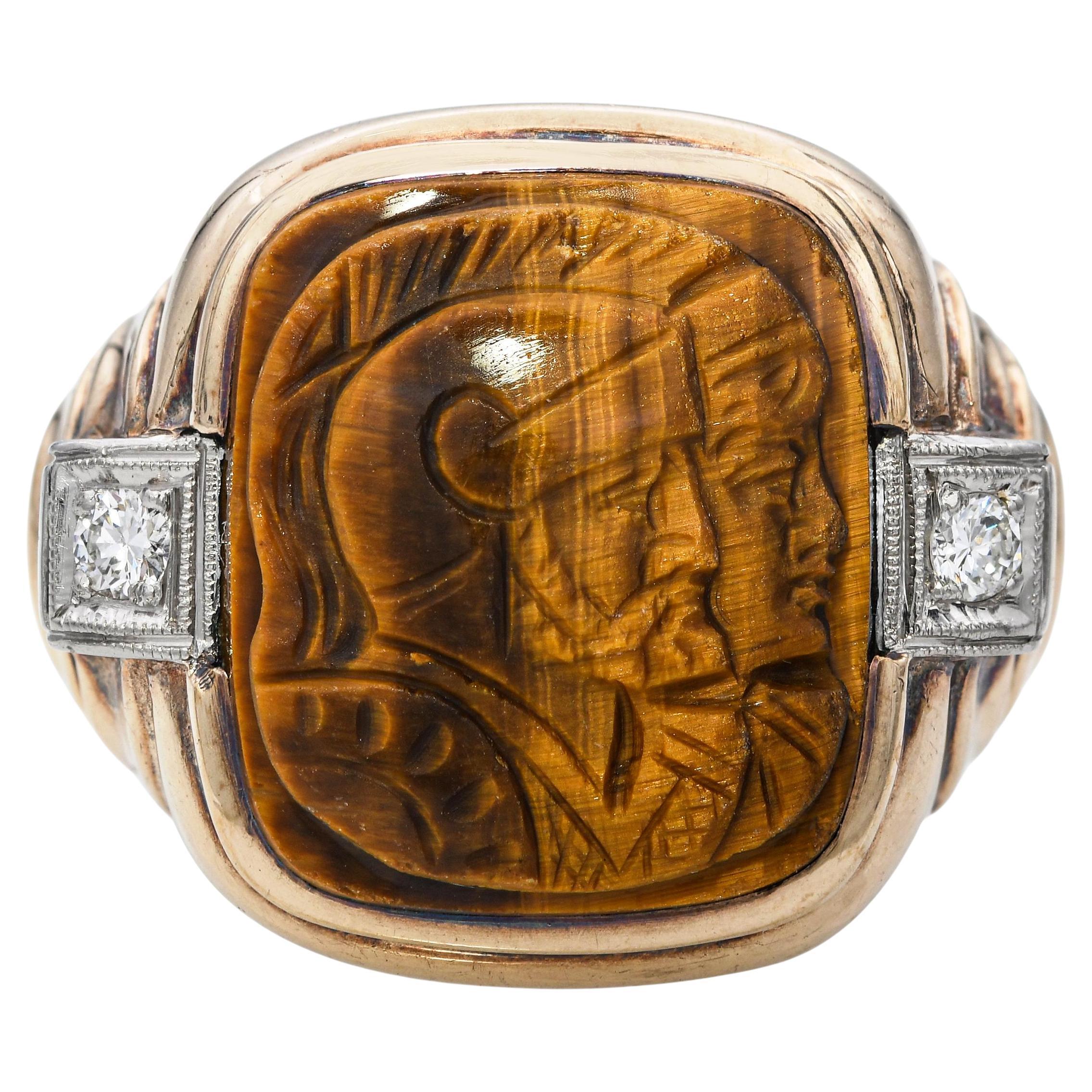 Bague vintage en or jaune 10k avec camée œil de tigre et diamant