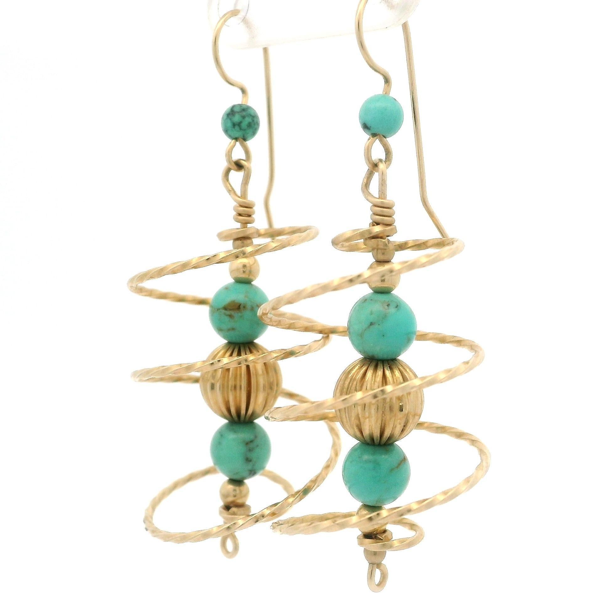 Vintage 10k Yellow Gold Turquoise Bead Ball Spiral Dangle Drop Hook Earrings For Sale 5