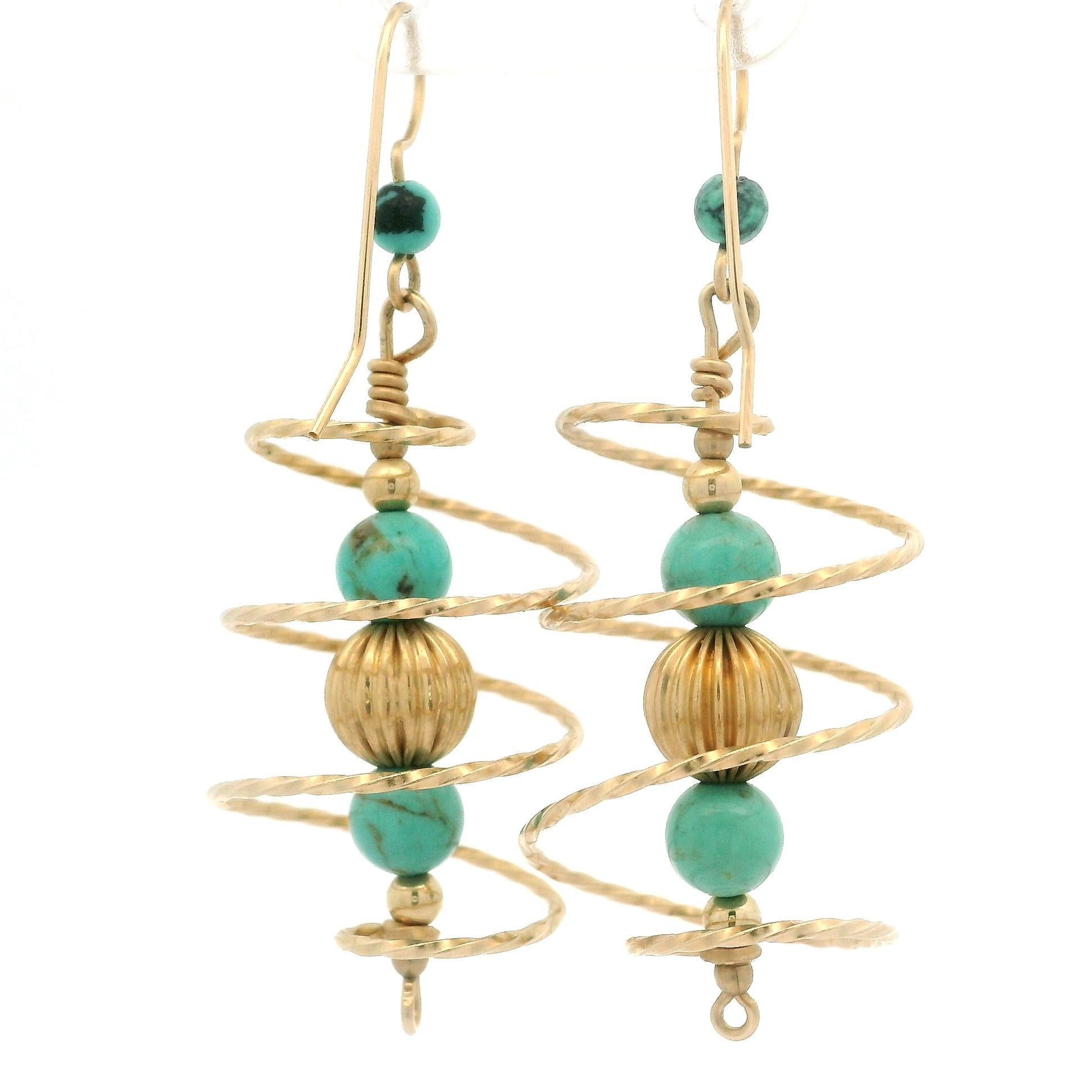 Vintage 10k Yellow Gold Turquoise Bead Ball Spiral Dangle Drop Hook Earrings For Sale 7