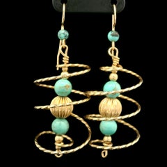 Vintage 10k Yellow Gold Turquoise Bead Ball Spiral Dangle Drop Hook Earrings