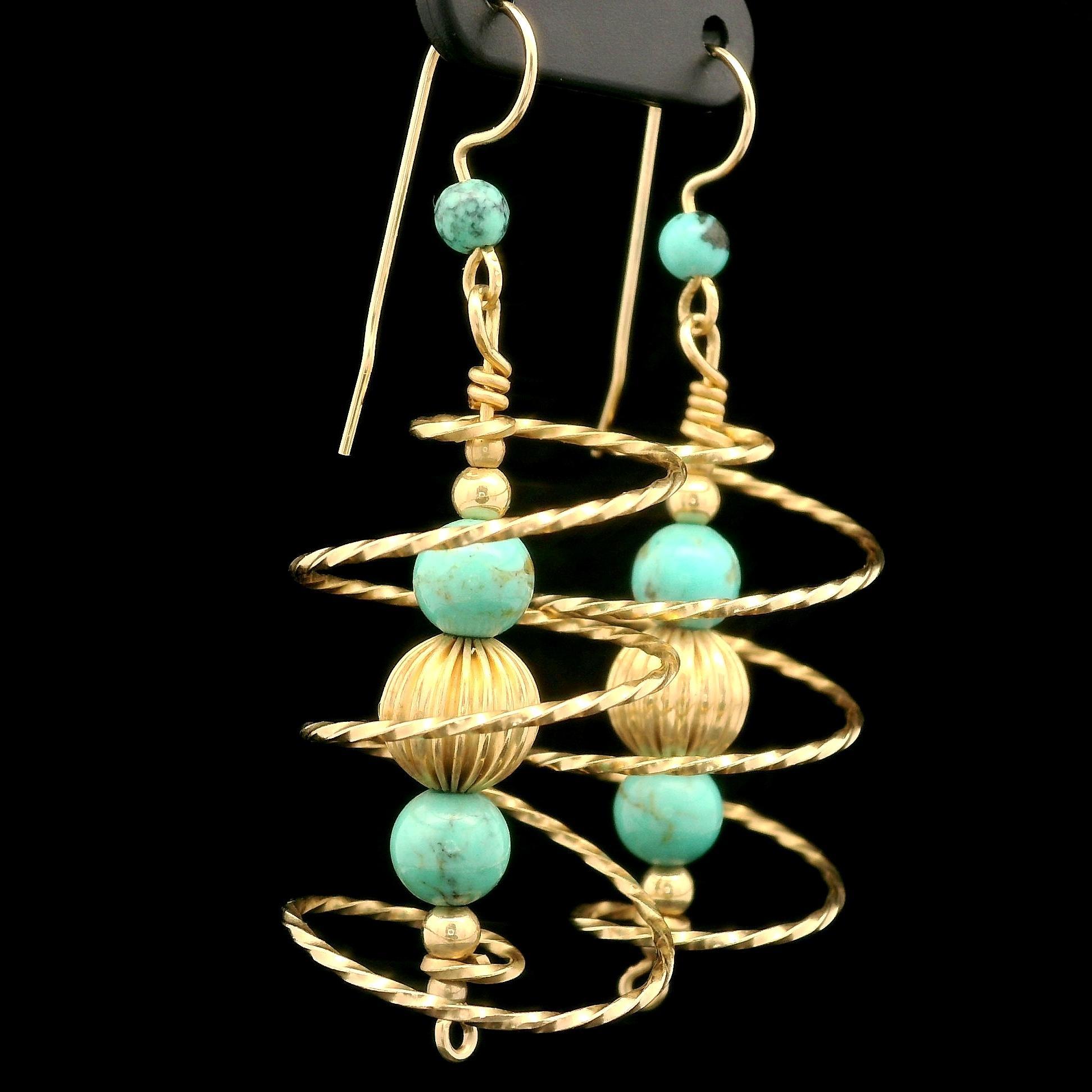 Ball Cut Vintage 10k Yellow Gold Turquoise Bead Ball Spiral Dangle Drop Hook Earrings For Sale