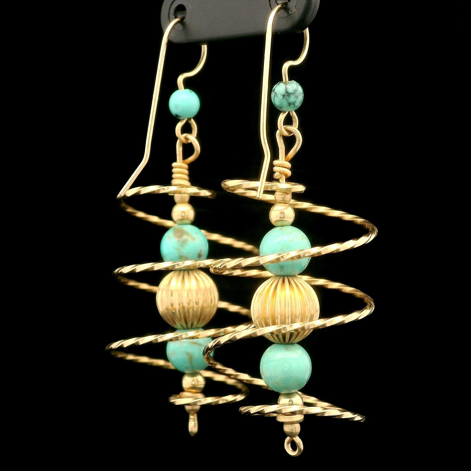 Vintage 10k Yellow Gold Turquoise Bead Ball Spiral Dangle Drop Hook Earrings In Good Condition For Sale In Montclair, NJ