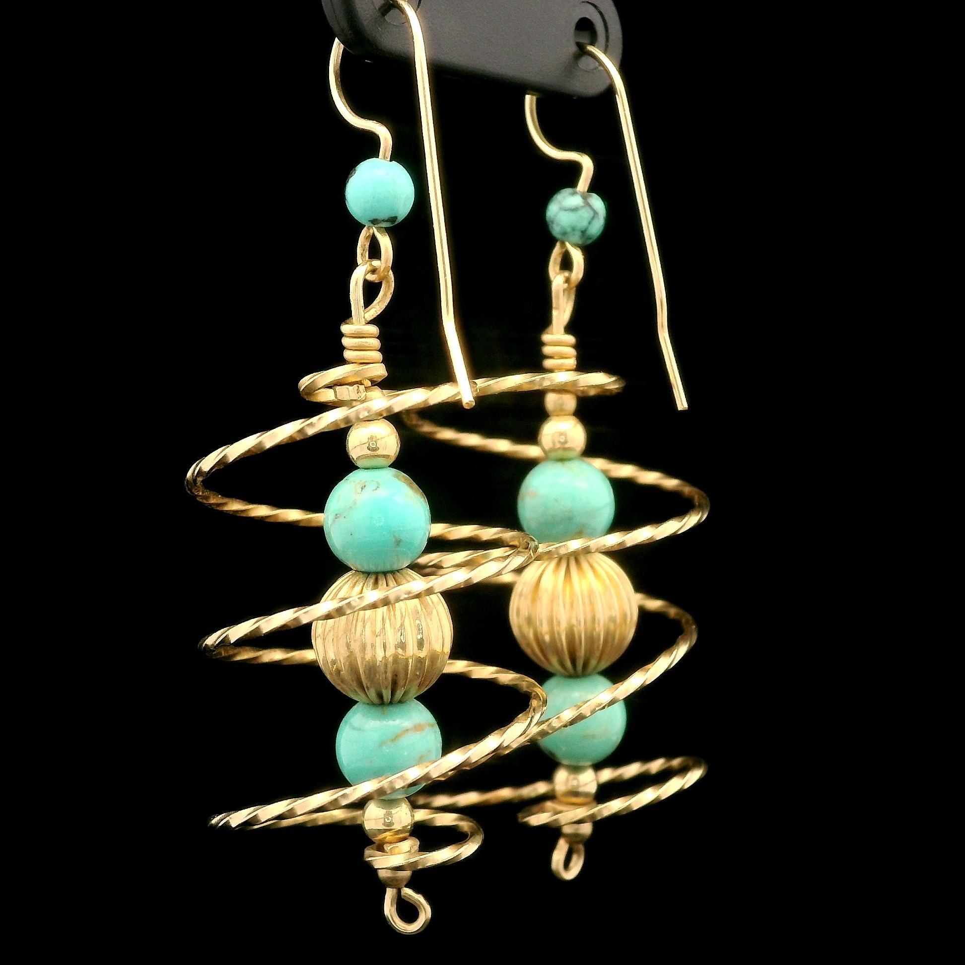 Women's Vintage 10k Yellow Gold Turquoise Bead Ball Spiral Dangle Drop Hook Earrings For Sale