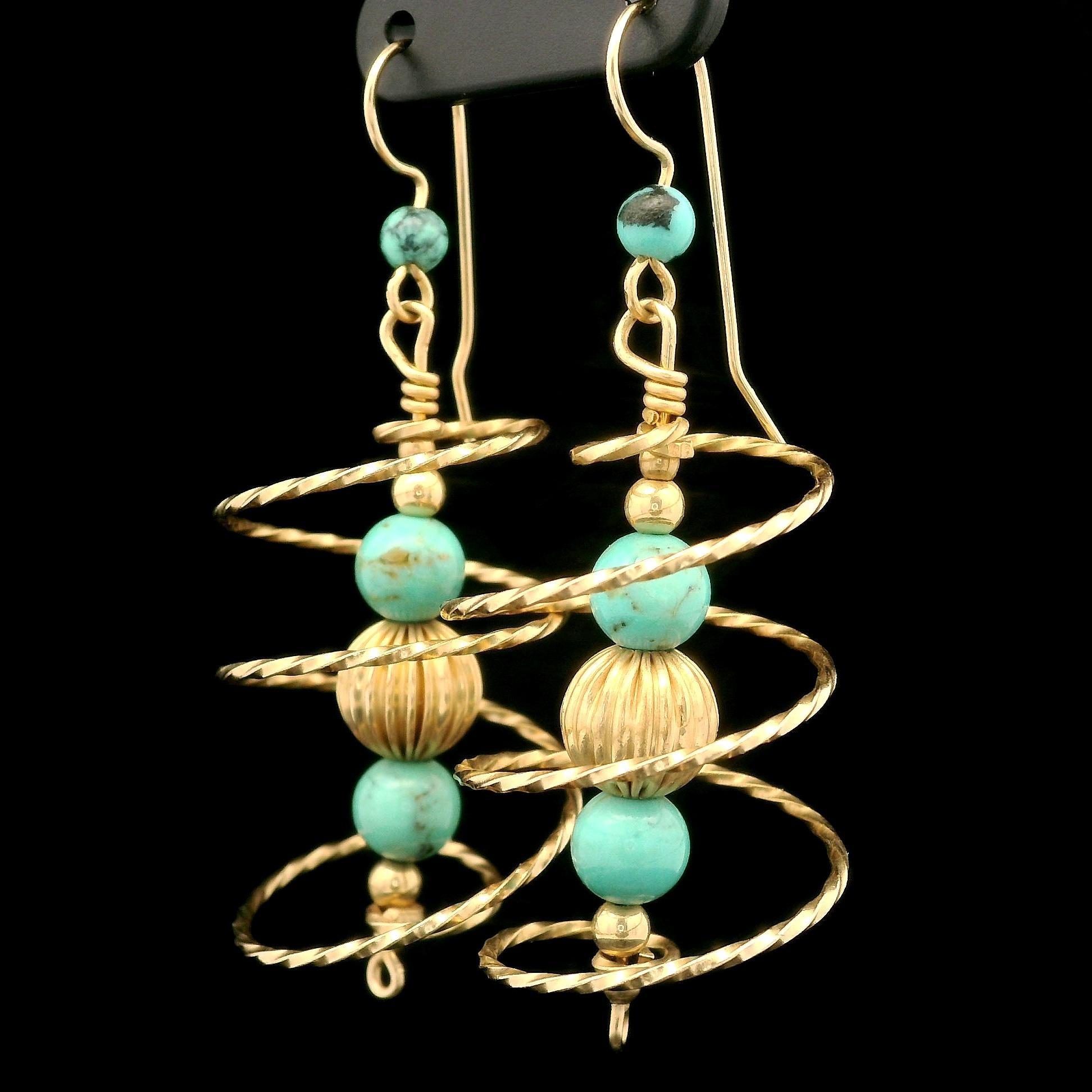 Vintage 10k Yellow Gold Turquoise Bead Ball Spiral Dangle Drop Hook Earrings For Sale 1