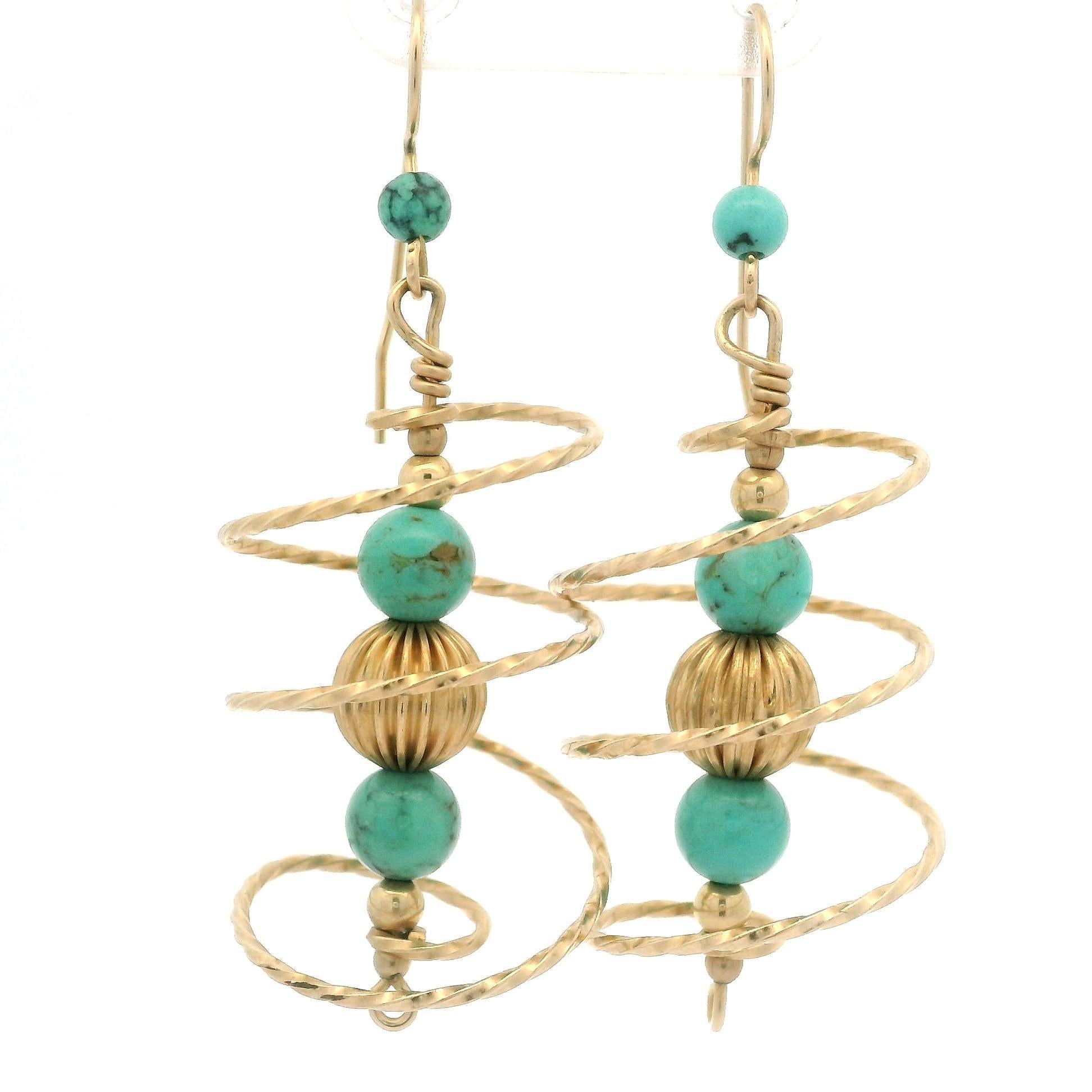 Vintage 10k Yellow Gold Turquoise Bead Ball Spiral Dangle Drop Hook Earrings For Sale 2