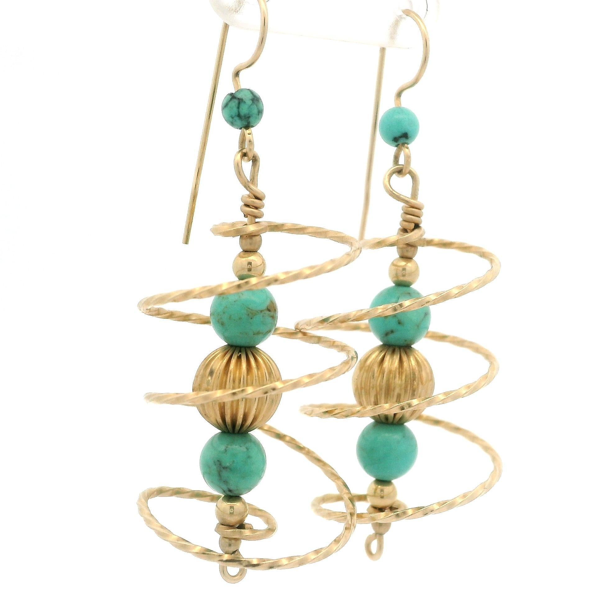 Vintage 10k Yellow Gold Turquoise Bead Ball Spiral Dangle Drop Hook Earrings For Sale 4
