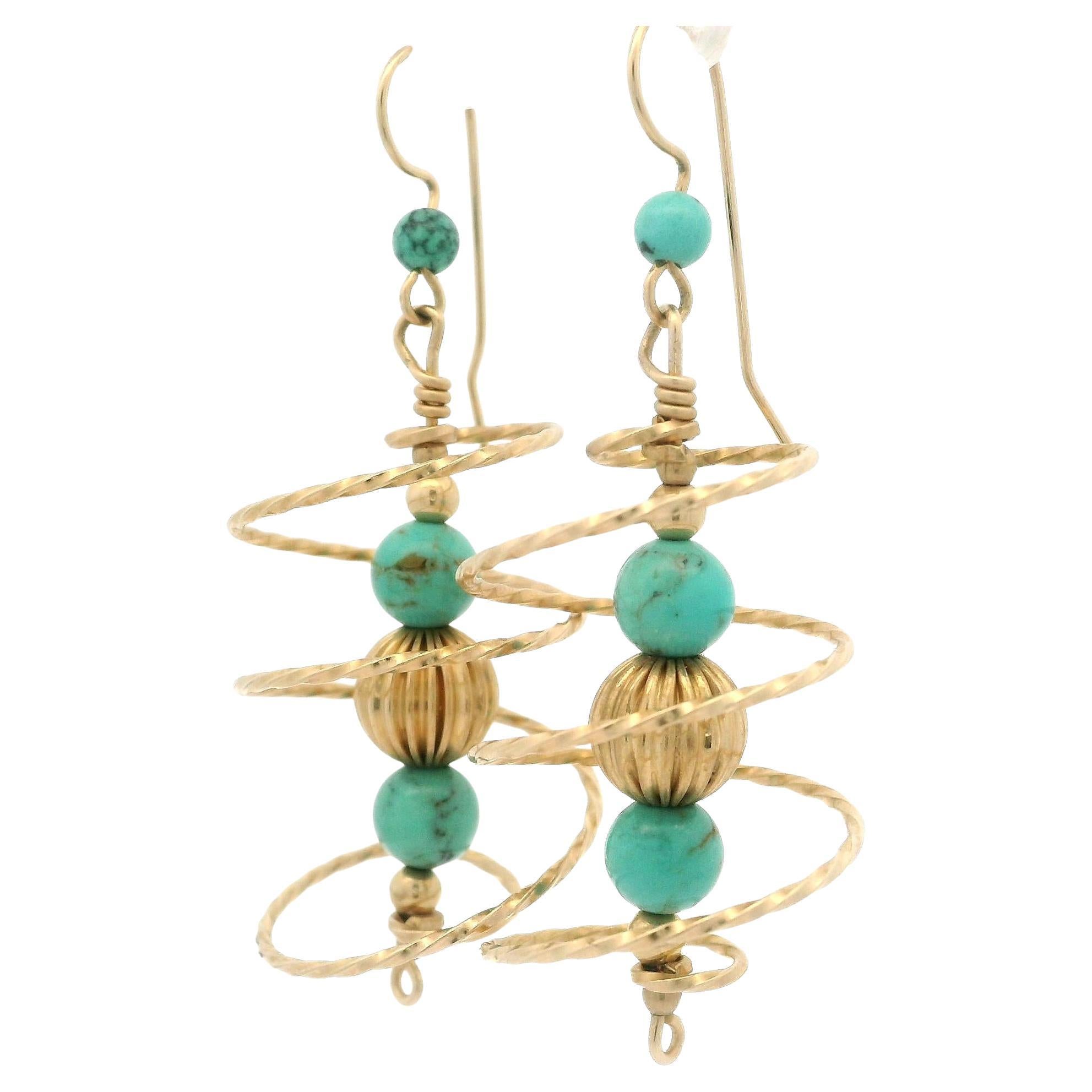 Vintage 10k Yellow Gold Turquoise Bead Ball and Ball Spiral Dangle Drop Hook Earrings