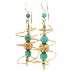 Orecchini vintage in oro giallo 10k con perle di turchese, sfere a spirale e ganci a goccia