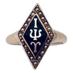 Antique 10K Yellow Gold Upsilon Fraternity Badge Ring with Black Enamel & Seed