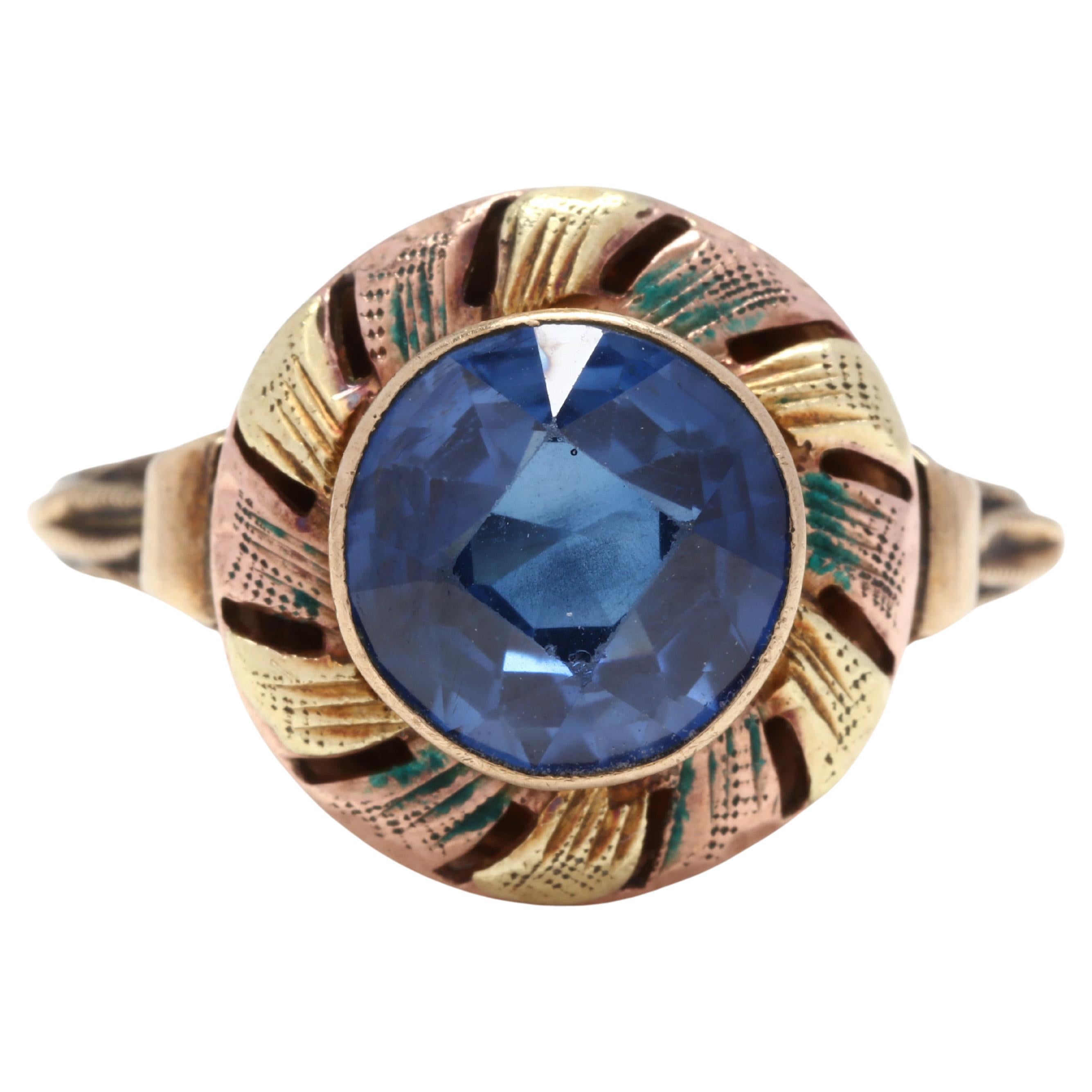 Vintage 10K Yellow/Rose Gold, Blue Stone & Enamel Ring