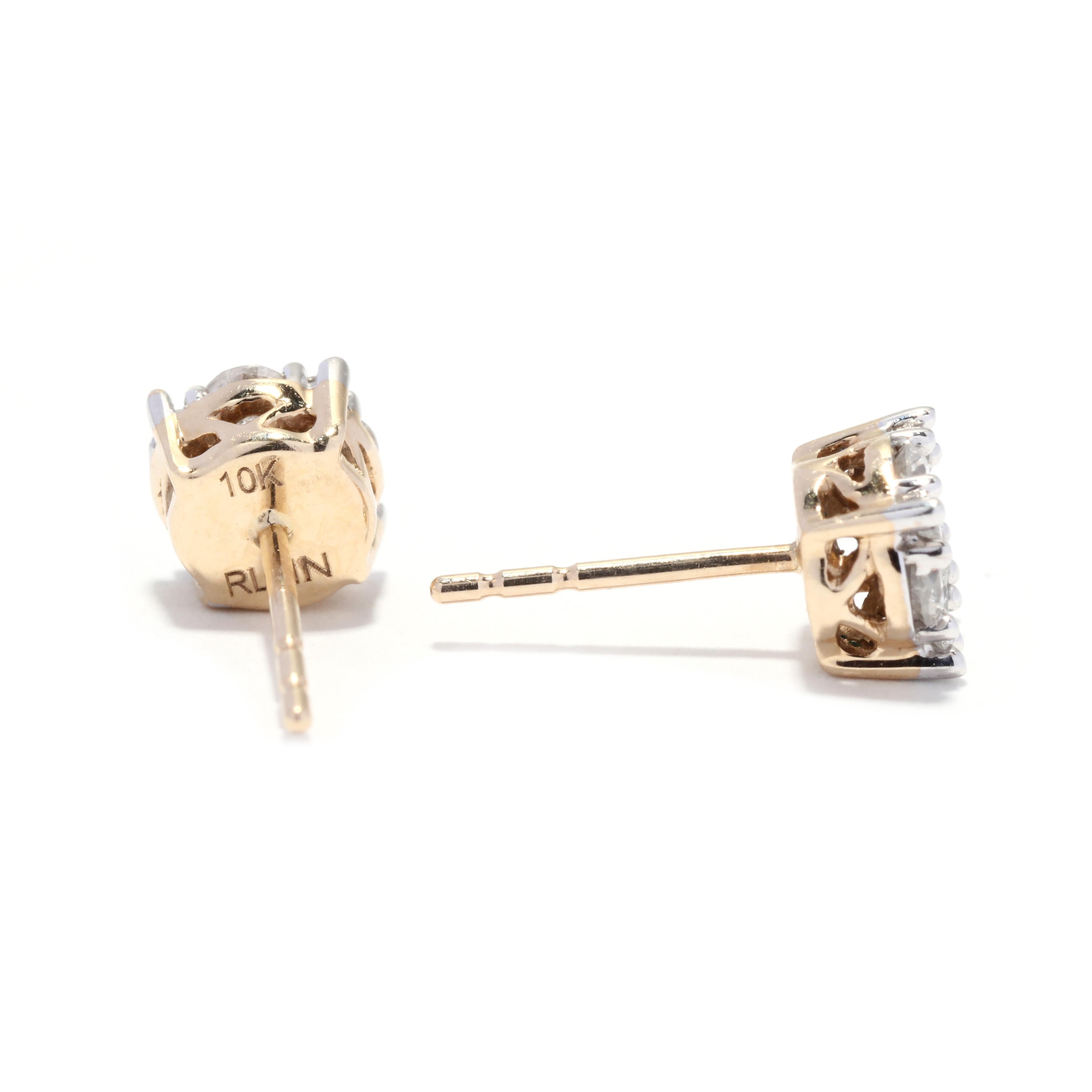 A pair of vintage 10 karat gold cluster diamond stud earrings. These simple diamond studs feature a cluster of prong set, round brilliant cut diamonds weighing approximately 1/2 total carats and with pierced push backs.

Stones: 
- diamonds, 18