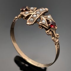 Vintage 10 Karat Rose Gold Ruby and Pearl Ring Etruscan Style