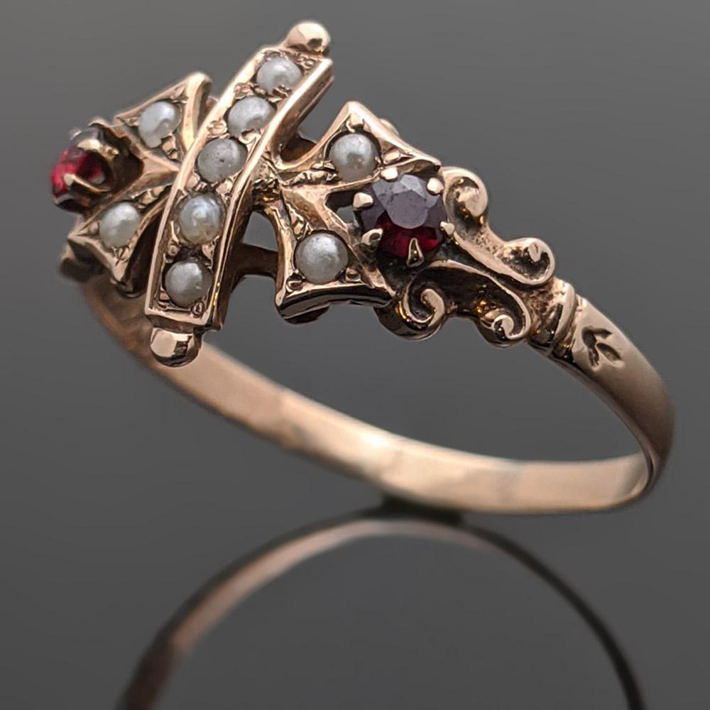 Etruscan Revival Vintage 10 Karat Rose Gold Ruby and Pearl Ring Etruscan Style For Sale