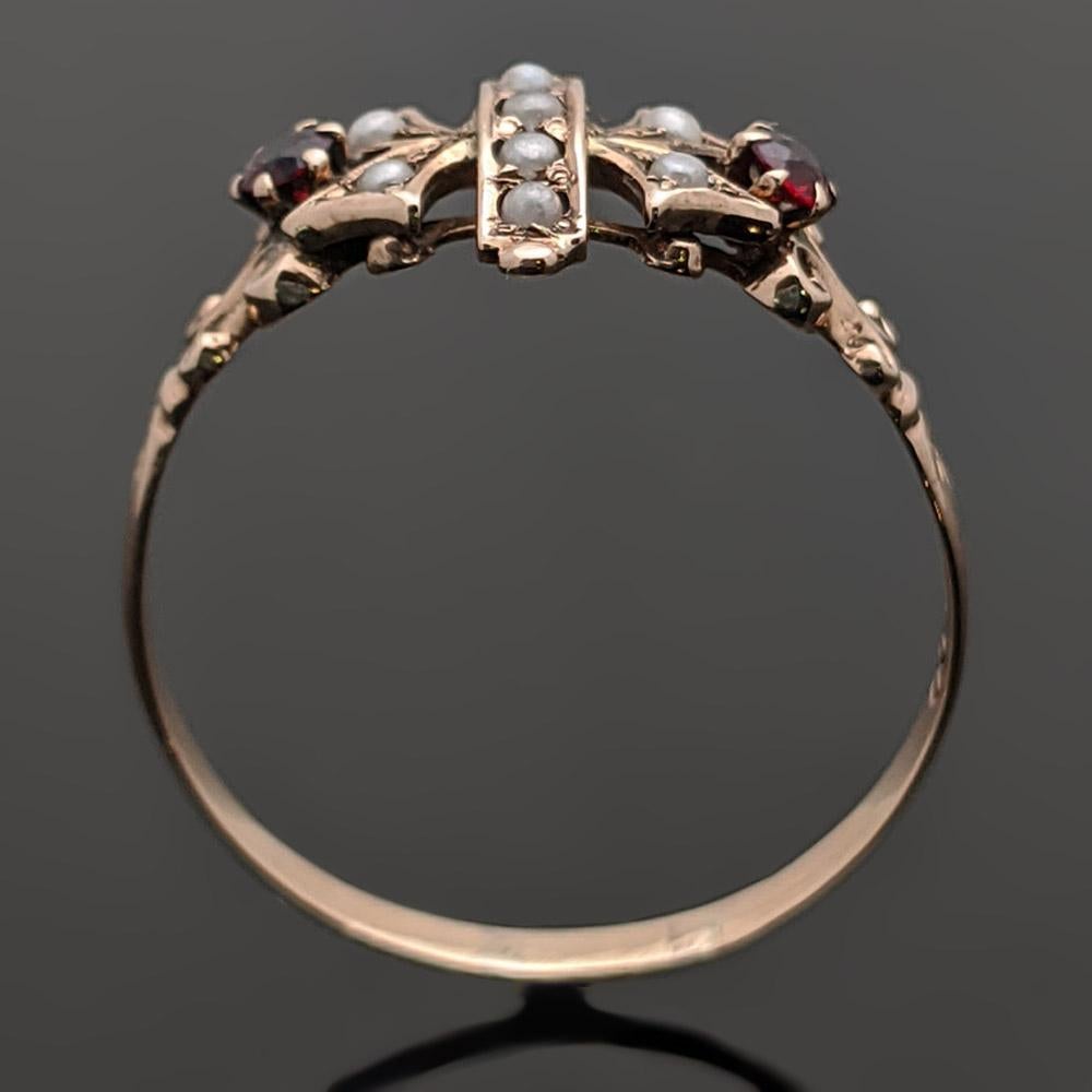 Vintage 10 Karat Rose Gold Ruby and Pearl Ring Etruscan Style In Excellent Condition For Sale In Los Angeles, CA