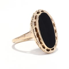 Vintage 10KT Yellow Gold Oval Black Onyx Ring, Long Oval Black Onyx Ring