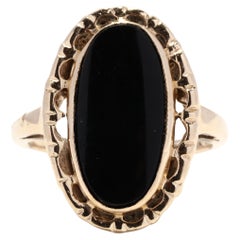 Vintage 10KT Yellow Gold Oval Black Onyx Ring, Long Oval Black Onyx Ring