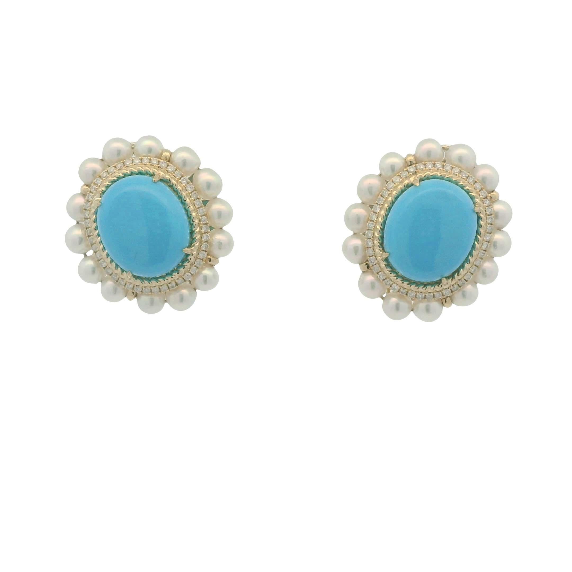 Vintage 10X12MM Turquoise Pearl Diamond Earrings in 14 Karat Yellow Gold For Sale 4