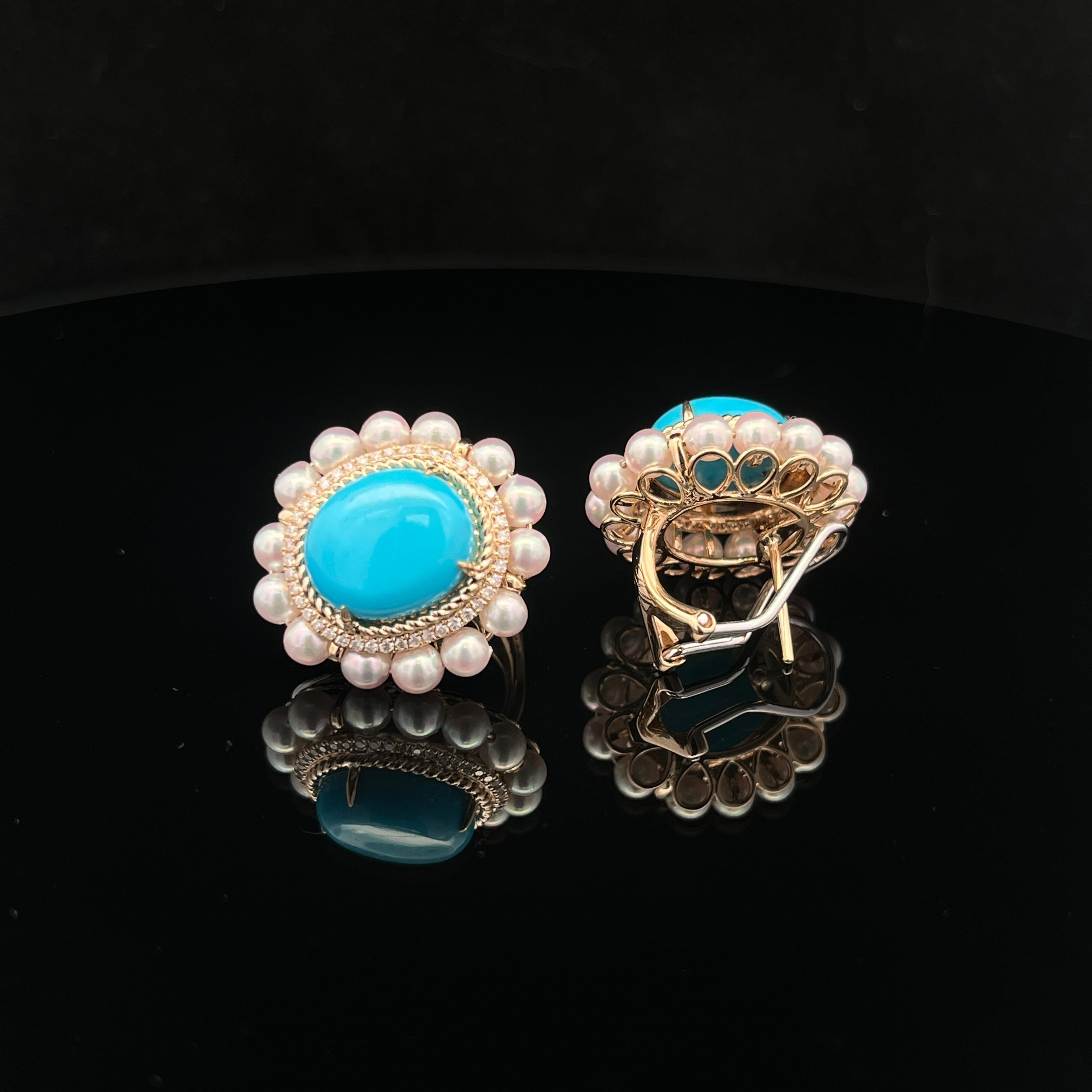Contemporary Vintage 10X12MM Turquoise Pearl Diamond Earrings in 14 Karat Yellow Gold For Sale