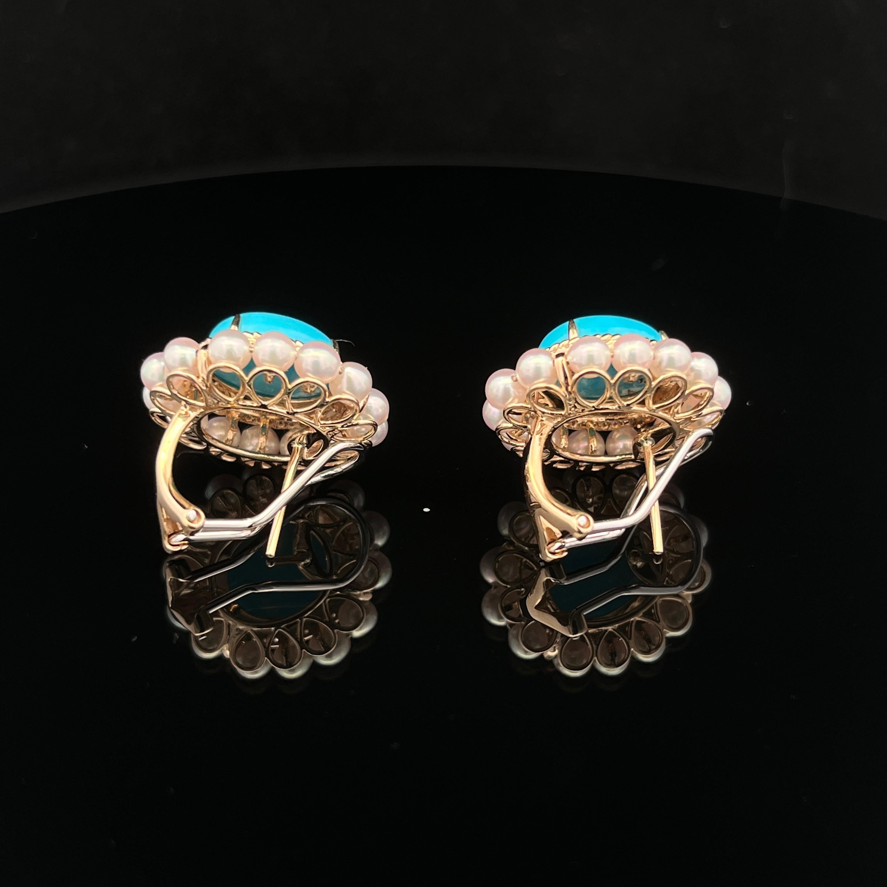 Cabochon Vintage 10X12MM Turquoise Pearl Diamond Earrings in 14 Karat Yellow Gold For Sale