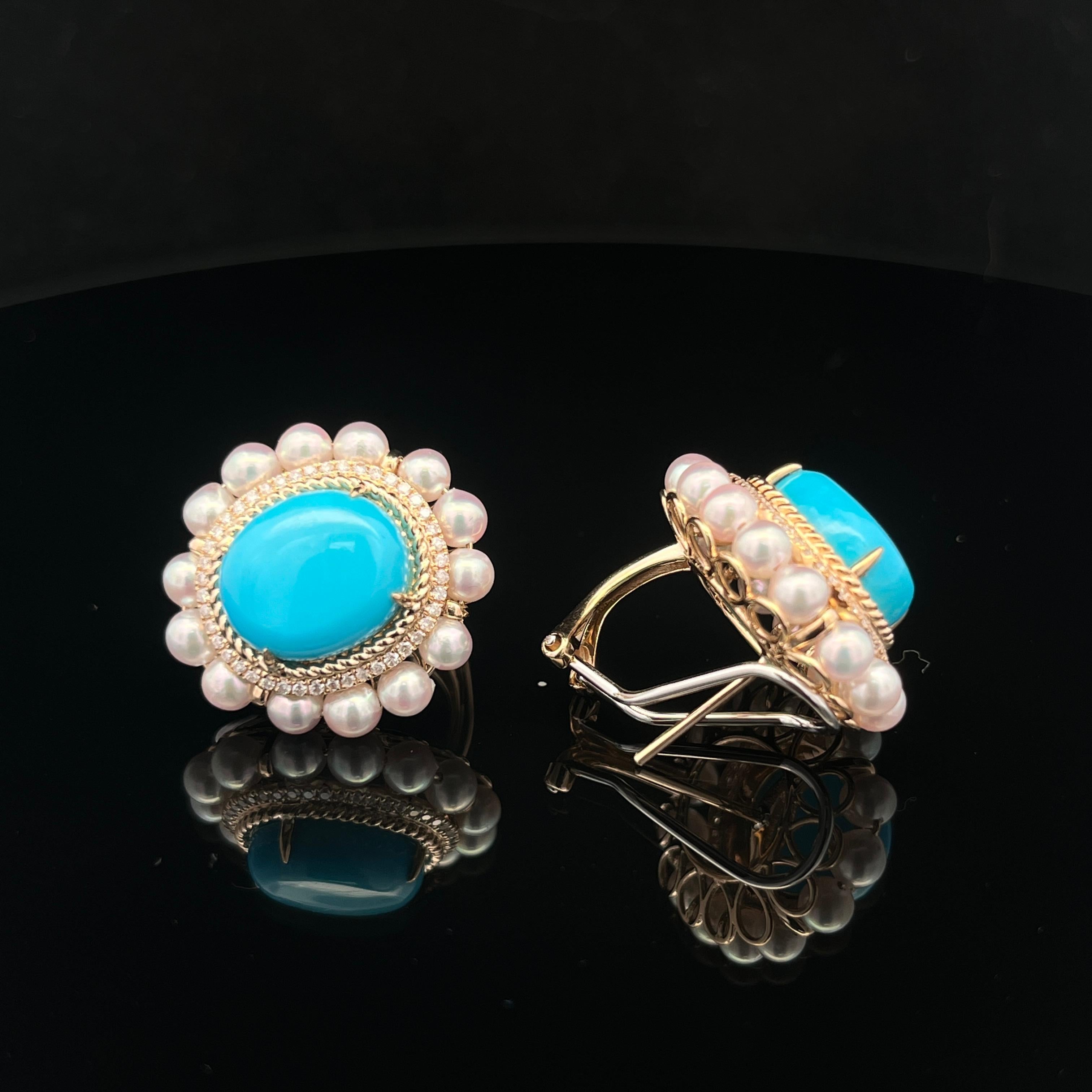 Vintage 10X12MM Turquoise Pearl Diamond Earrings in 14 Karat Yellow Gold In New Condition For Sale In Hong Kong, HK