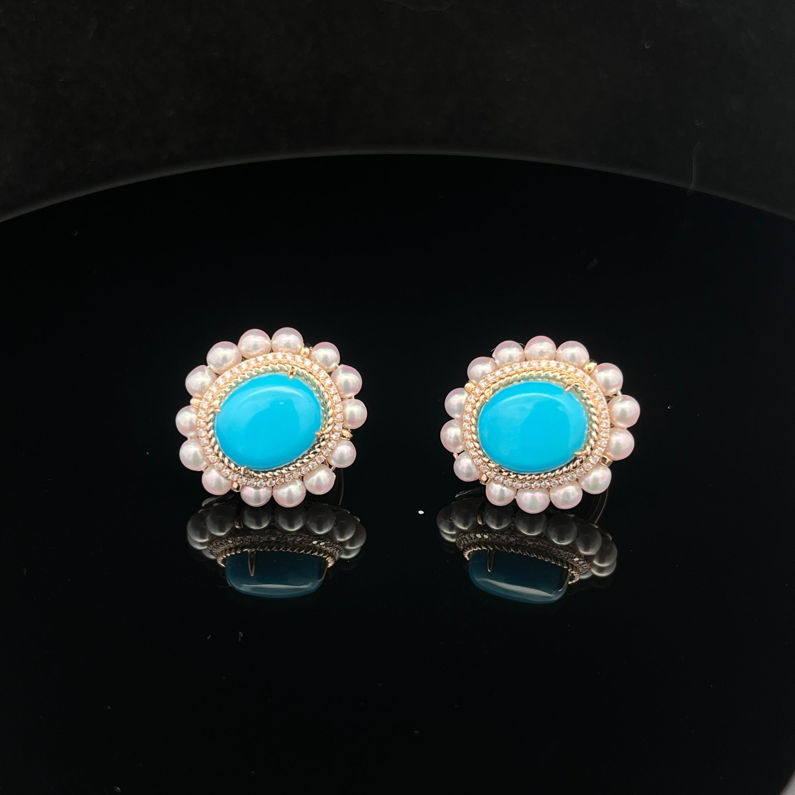 Women's Vintage 10X12MM Turquoise Pearl Diamond Earrings in 14 Karat Yellow Gold For Sale